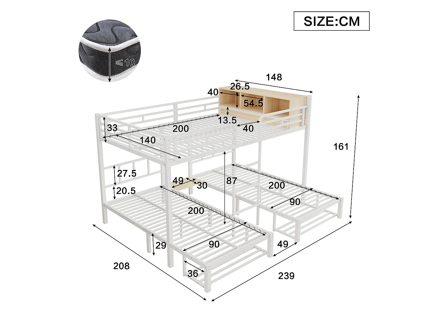 Kinderstapelbed 90x200cm + 140x200cm - biedt plaats aan 3 personen - met open planken, schoenenplank en ladder - Wit (zonder matras)