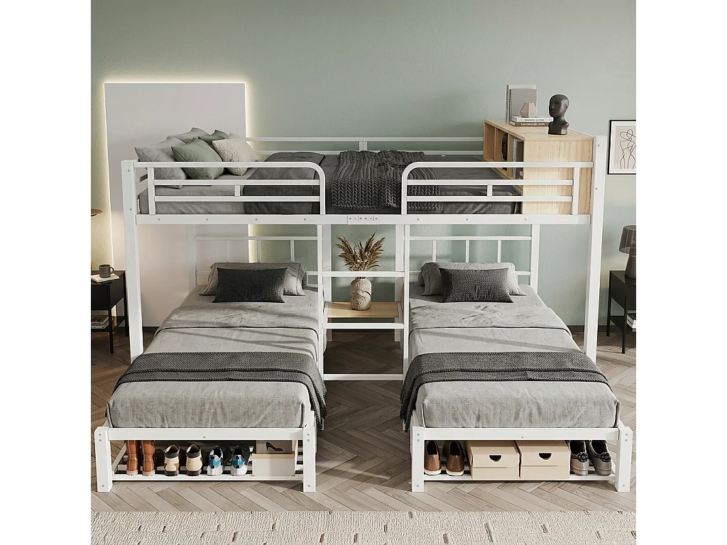 Kinderstapelbed 90x200cm + 140x200cm - biedt plaats aan 3 personen - met open planken, schoenenplank en ladder - Wit (zonder matras)
