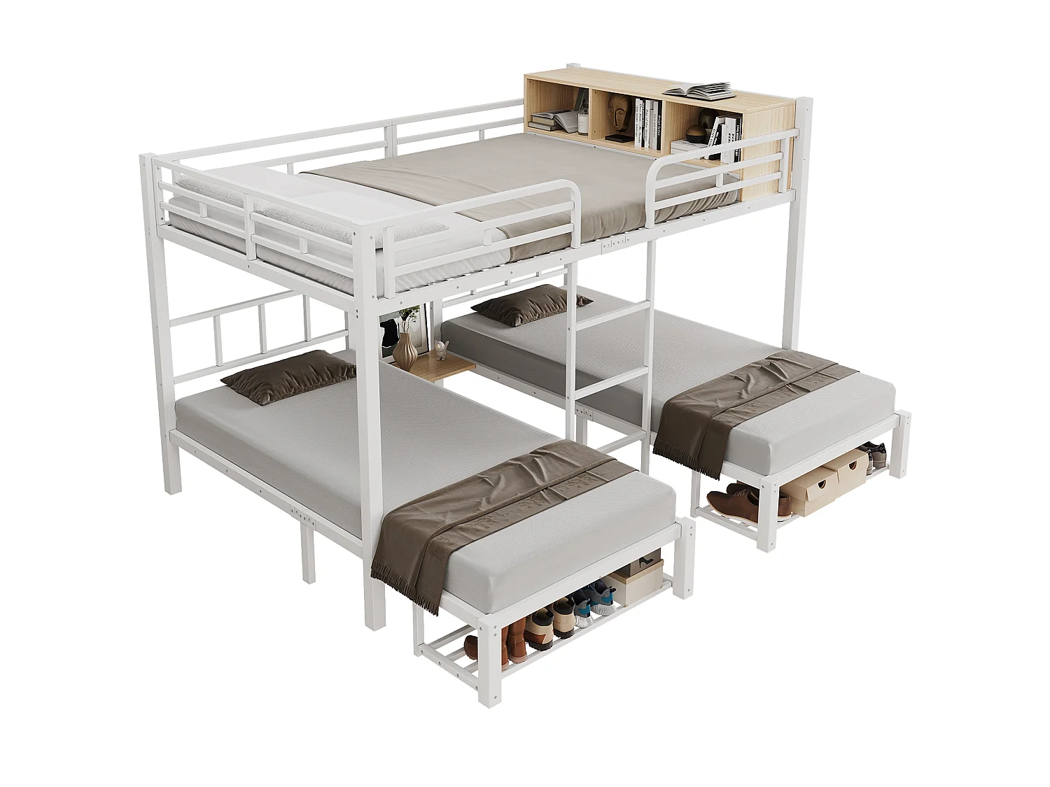 Kinderstapelbed 90x200cm + 140x200cm - biedt plaats aan 3 personen - met open planken, schoenenplank en ladder - Wit (zonder matras)