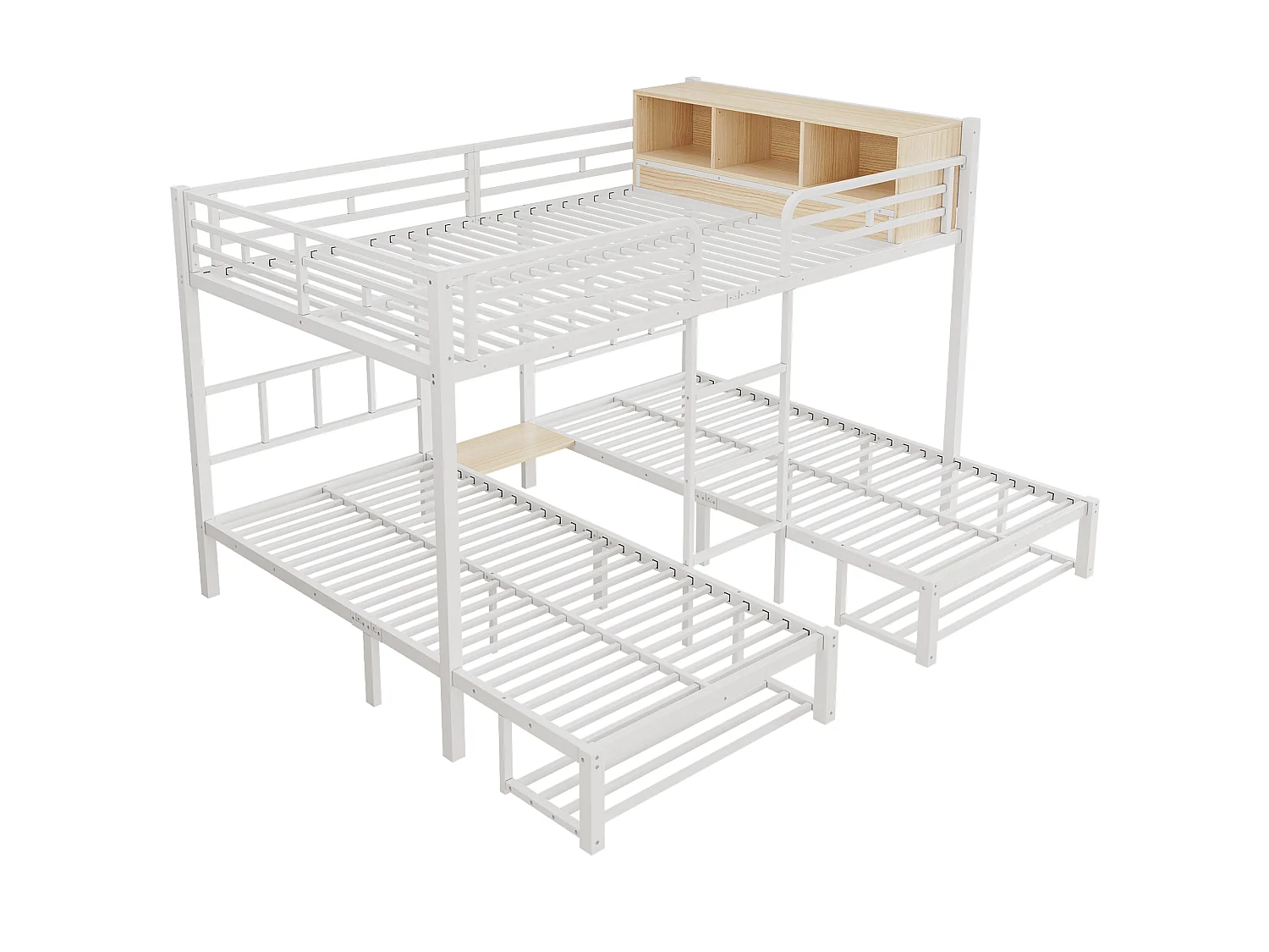 Kinderstapelbed 90x200cm + 140x200cm - biedt plaats aan 3 personen - met open planken, schoenenplank en ladder - Wit (zonder matras)