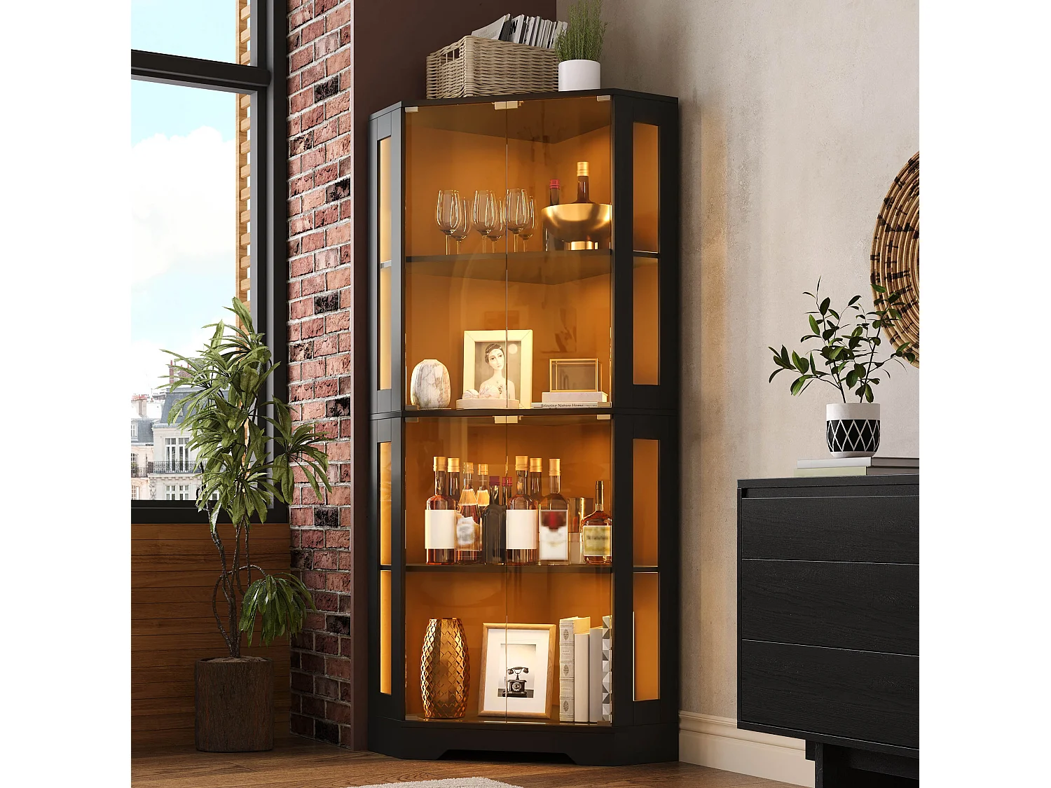 Vitrine d'angle avec LED RGB, 2 portes en verre trempé et étagères réglables - MDF et verre - 40 x 40 x 165 cm - Noir