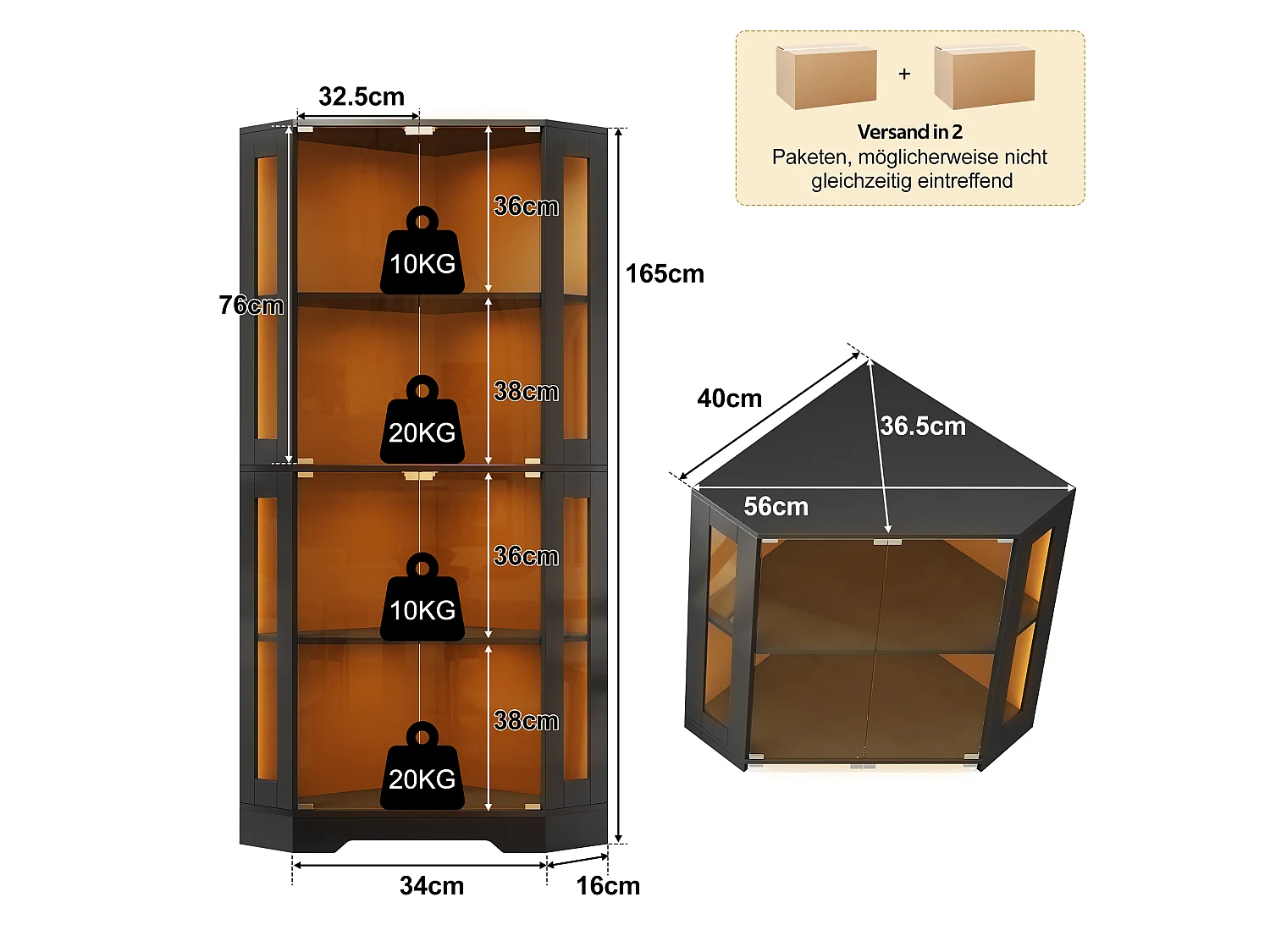 Vitrine d'angle avec LED RGB, 2 portes en verre trempé et étagères réglables - MDF et verre - 40 x 40 x 165 cm - Noir