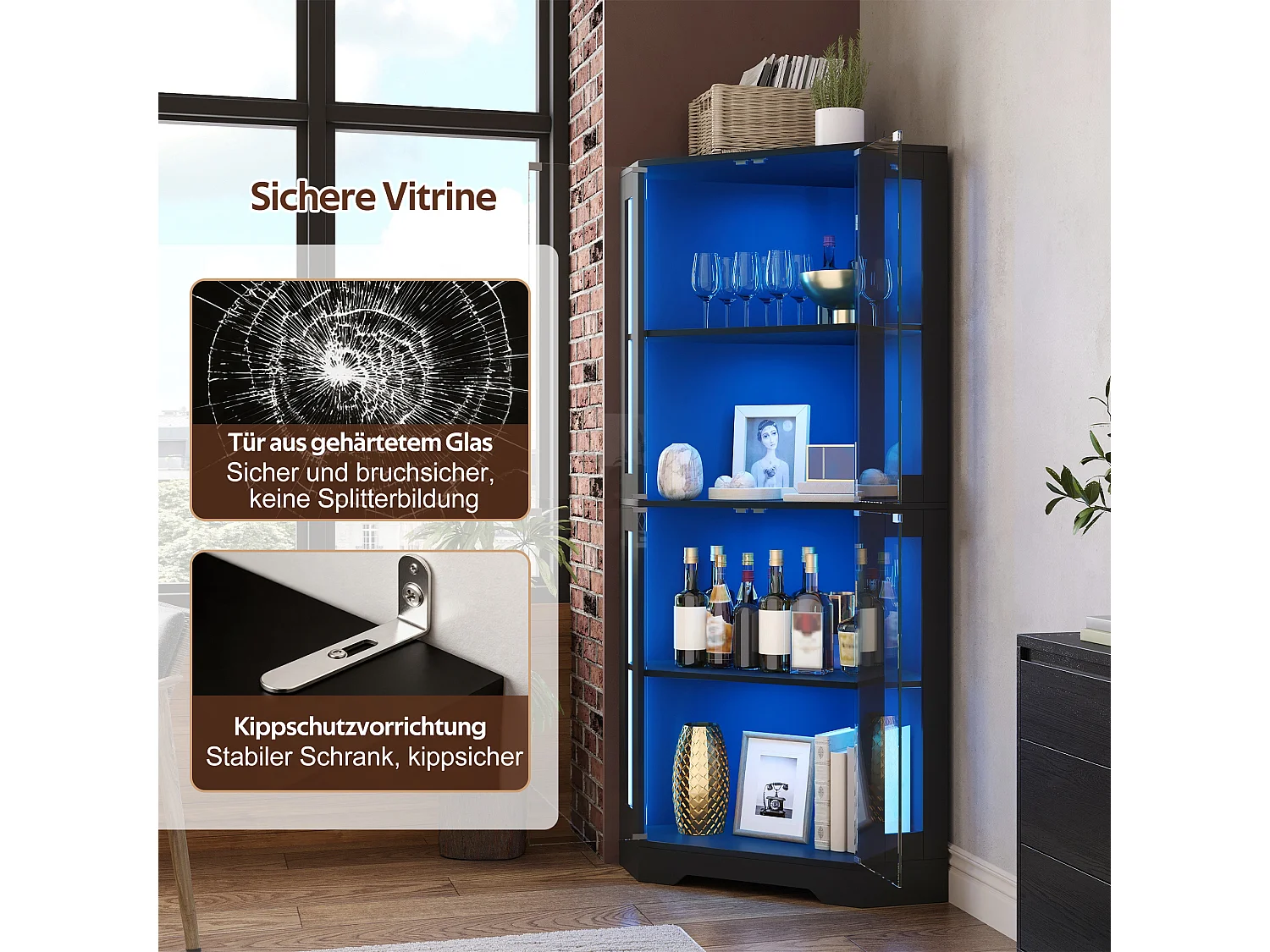 Vitrine d'angle avec LED RGB, 2 portes en verre trempé et étagères réglables - MDF et verre - 40 x 40 x 165 cm - Noir