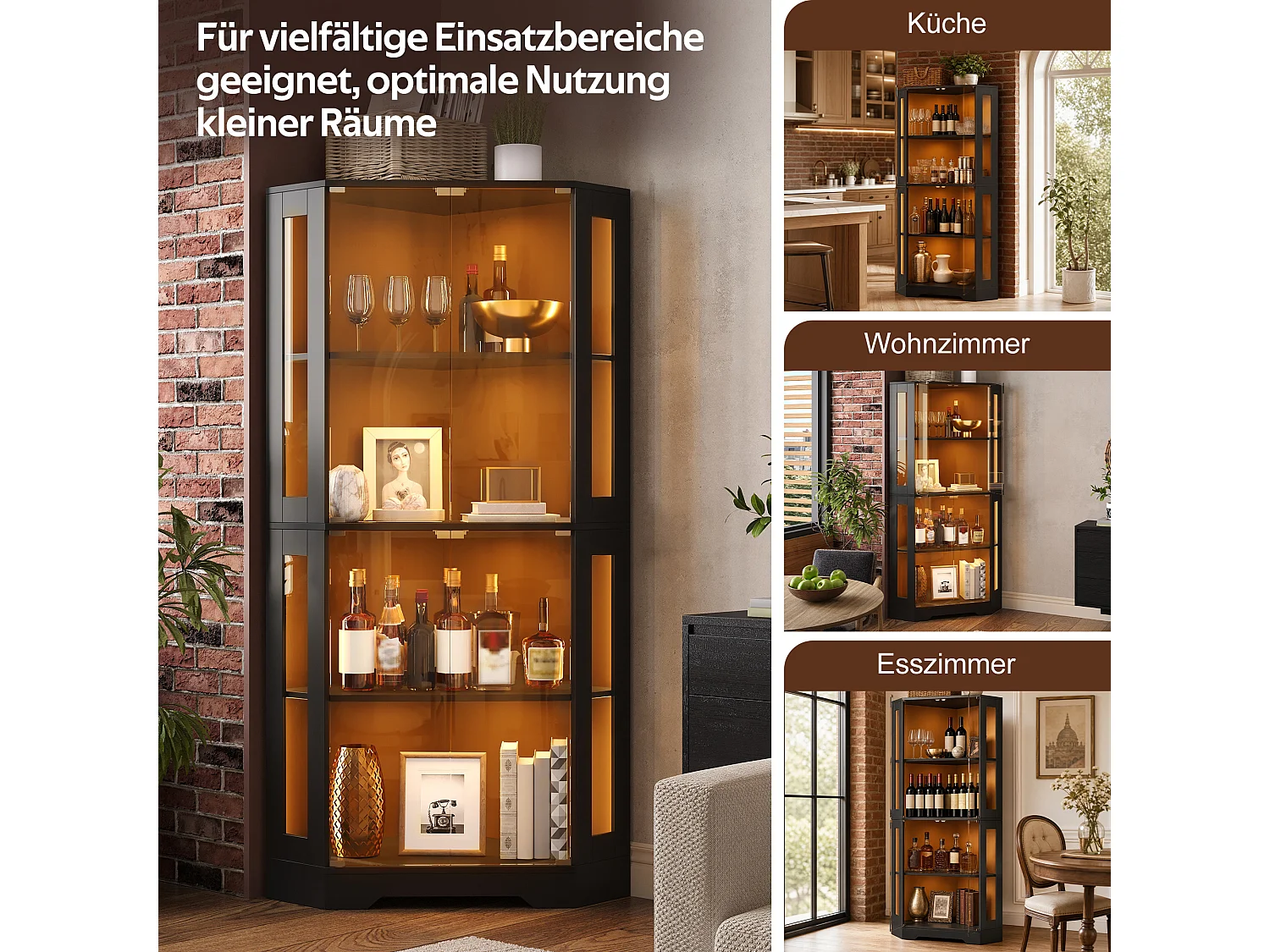 Vitrine d'angle avec LED RGB, 2 portes en verre trempé et étagères réglables - MDF et verre - 40 x 40 x 165 cm - Noir