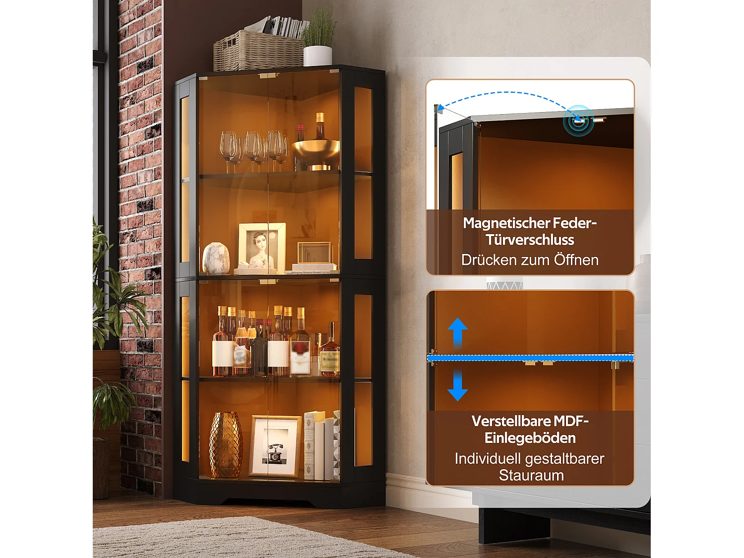 Vitrine d'angle avec LED RGB, 2 portes en verre trempé et étagères réglables - MDF et verre - 40 x 40 x 165 cm - Noir