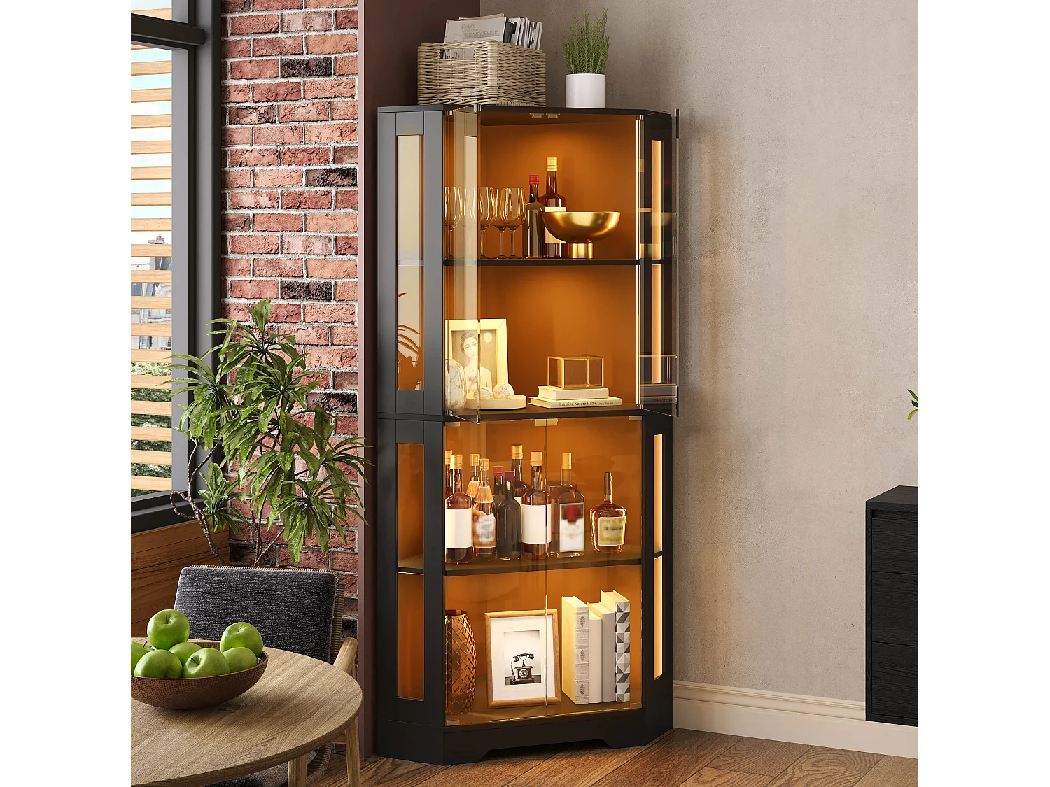 Vitrine d'angle avec LED RGB, 2 portes en verre trempé et étagères réglables - MDF et verre - 40 x 40 x 165 cm - Noir