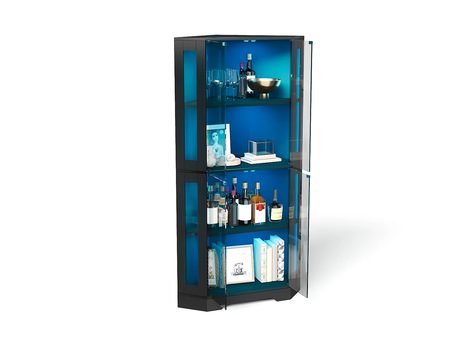 Vitrine d'angle avec LED RGB, 2 portes en verre trempé et étagères réglables - MDF et verre - 40 x 40 x 165 cm - Noir