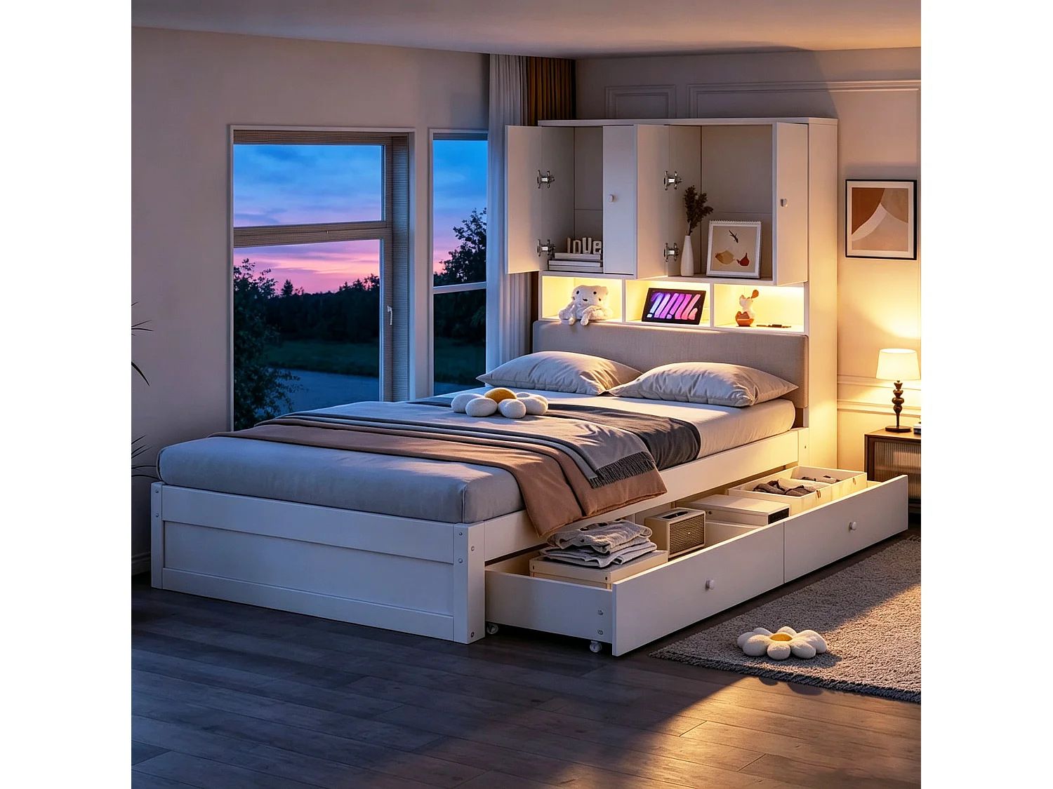 Lit multifonctionnel en bois 90 x 200 cm - avec 2 tiroirs - avec espace de rangement - avec lumière LED et prise - blanc (matelas non inclus)