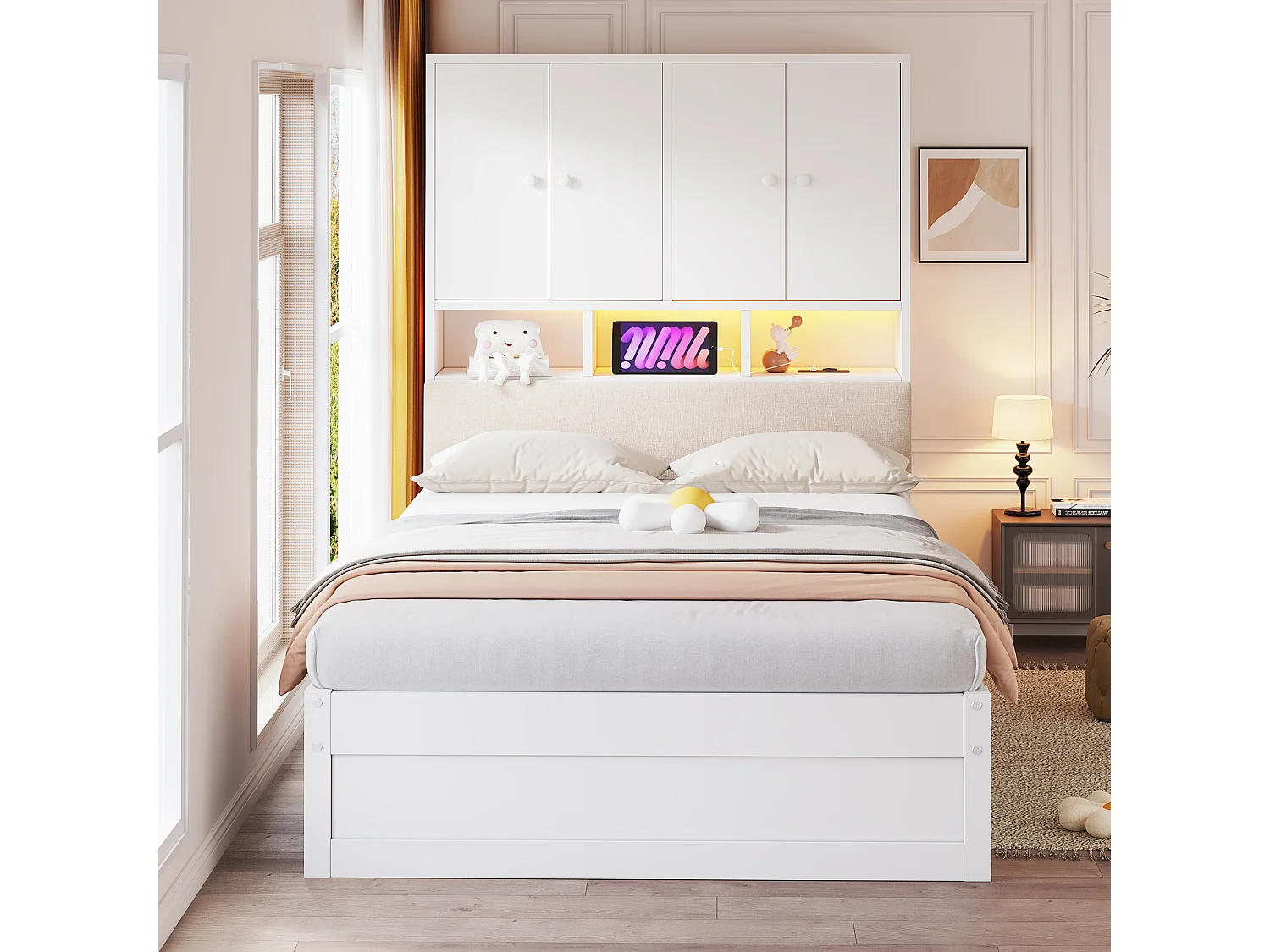 Lit multifonctionnel en bois 90 x 200 cm - avec 2 tiroirs - avec espace de rangement - avec lumière LED et prise - blanc (matelas non inclus)