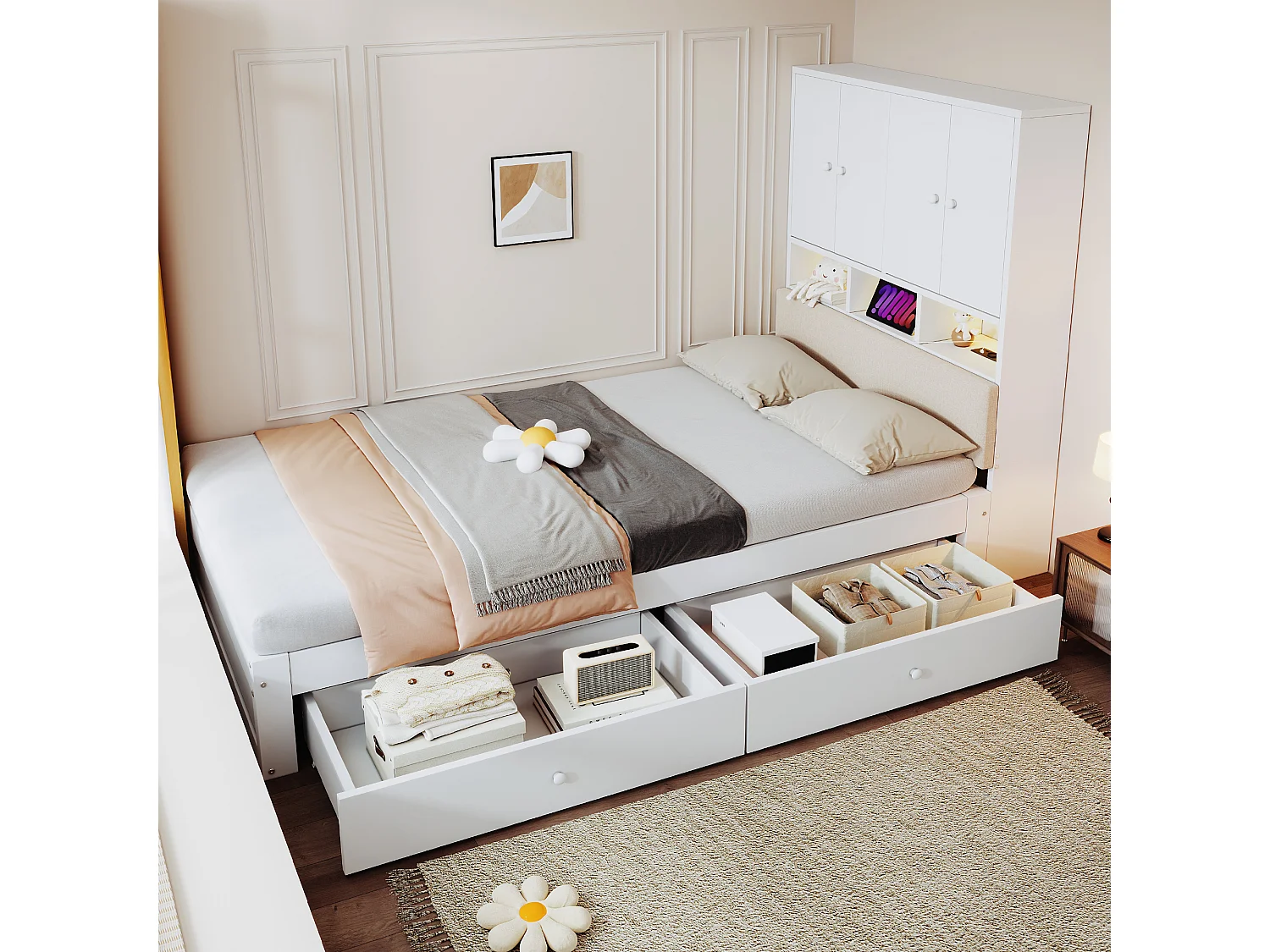 Lit multifonctionnel en bois 90 x 200 cm - avec 2 tiroirs - avec espace de rangement - avec lumière LED et prise - blanc (matelas non inclus)