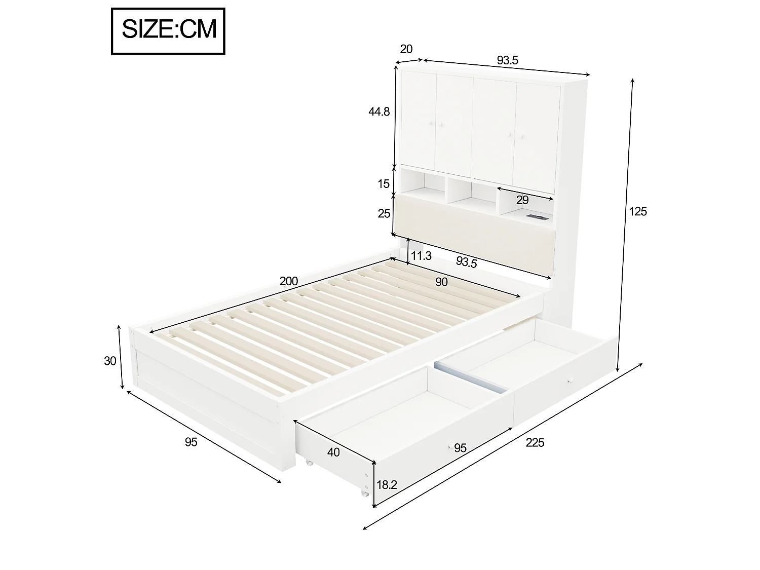 Lit multifonctionnel en bois 90 x 200 cm - avec 2 tiroirs - avec espace de rangement - avec lumière LED et prise - blanc (matelas non inclus)