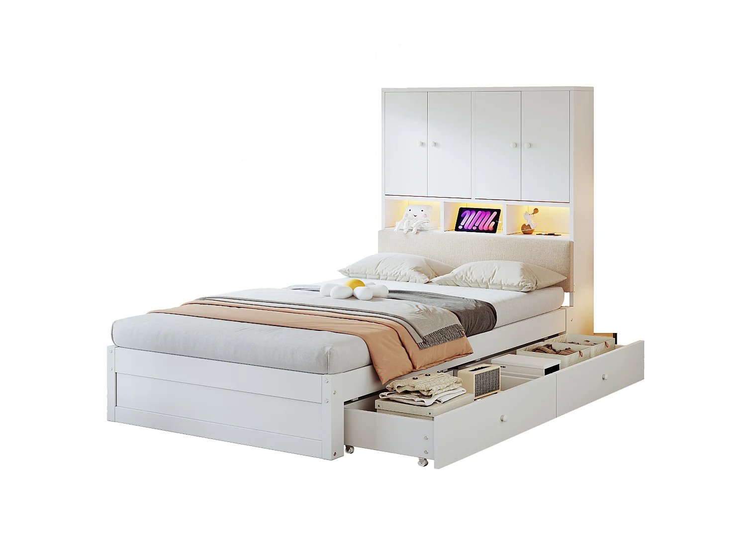 Lit multifonctionnel en bois 90 x 200 cm - avec 2 tiroirs - avec espace de rangement - avec lumière LED et prise - blanc (matelas non inclus)