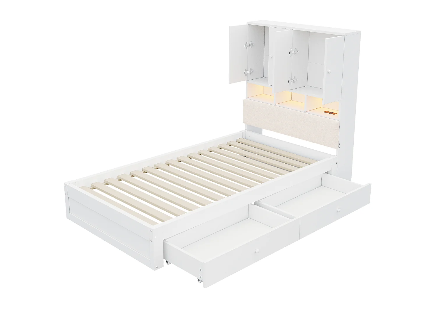 Lit multifonctionnel en bois 90 x 200 cm - avec 2 tiroirs - avec espace de rangement - avec lumière LED et prise - blanc (matelas non inclus)