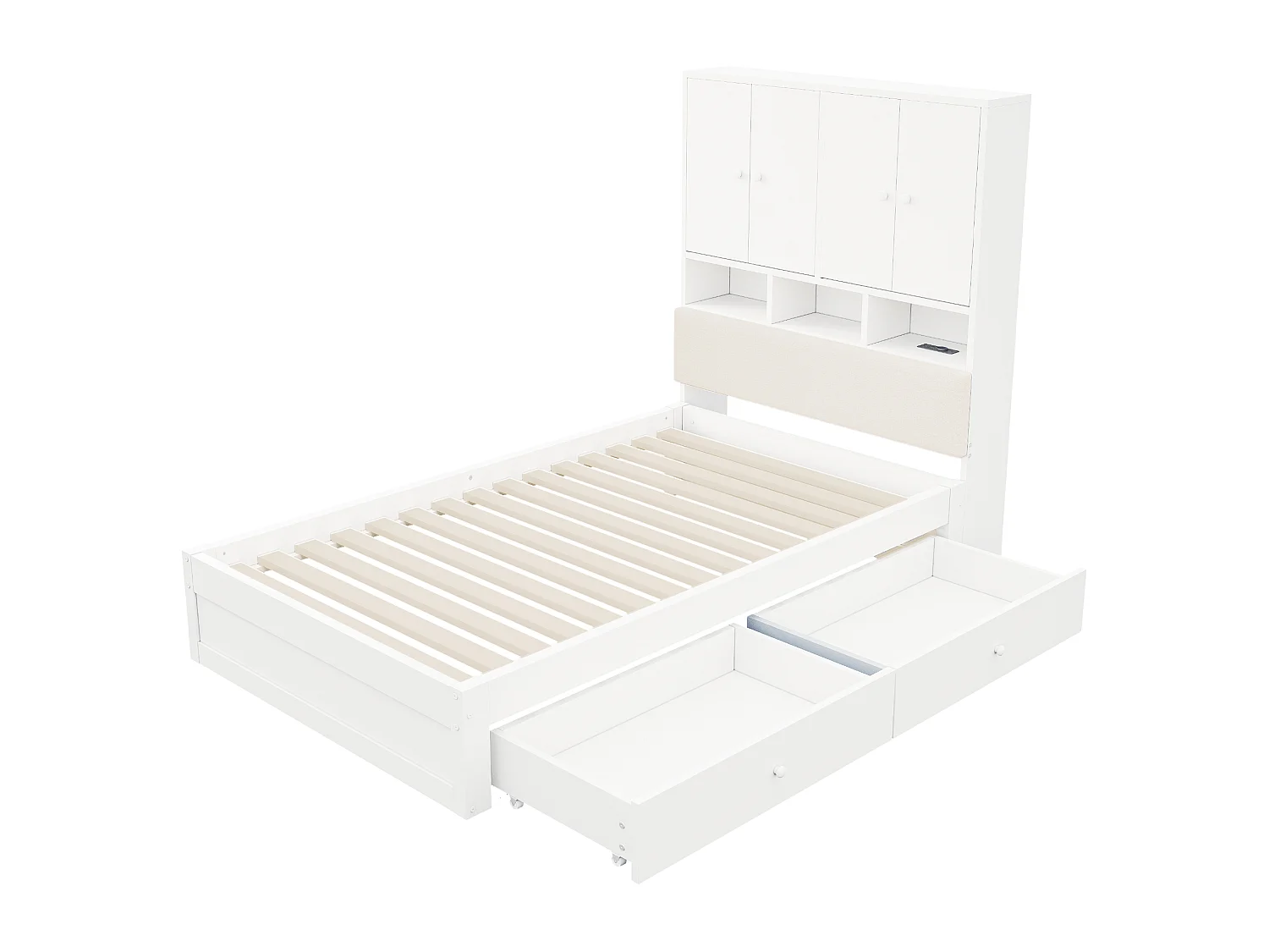 Lit multifonctionnel en bois 90 x 200 cm - avec 2 tiroirs - avec espace de rangement - avec lumière LED et prise - blanc (matelas non inclus)