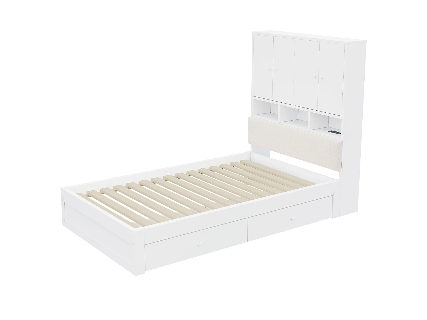 Lit multifonctionnel en bois 90 x 200 cm - avec 2 tiroirs - avec espace de rangement - avec lumière LED et prise - blanc (matelas non inclus)