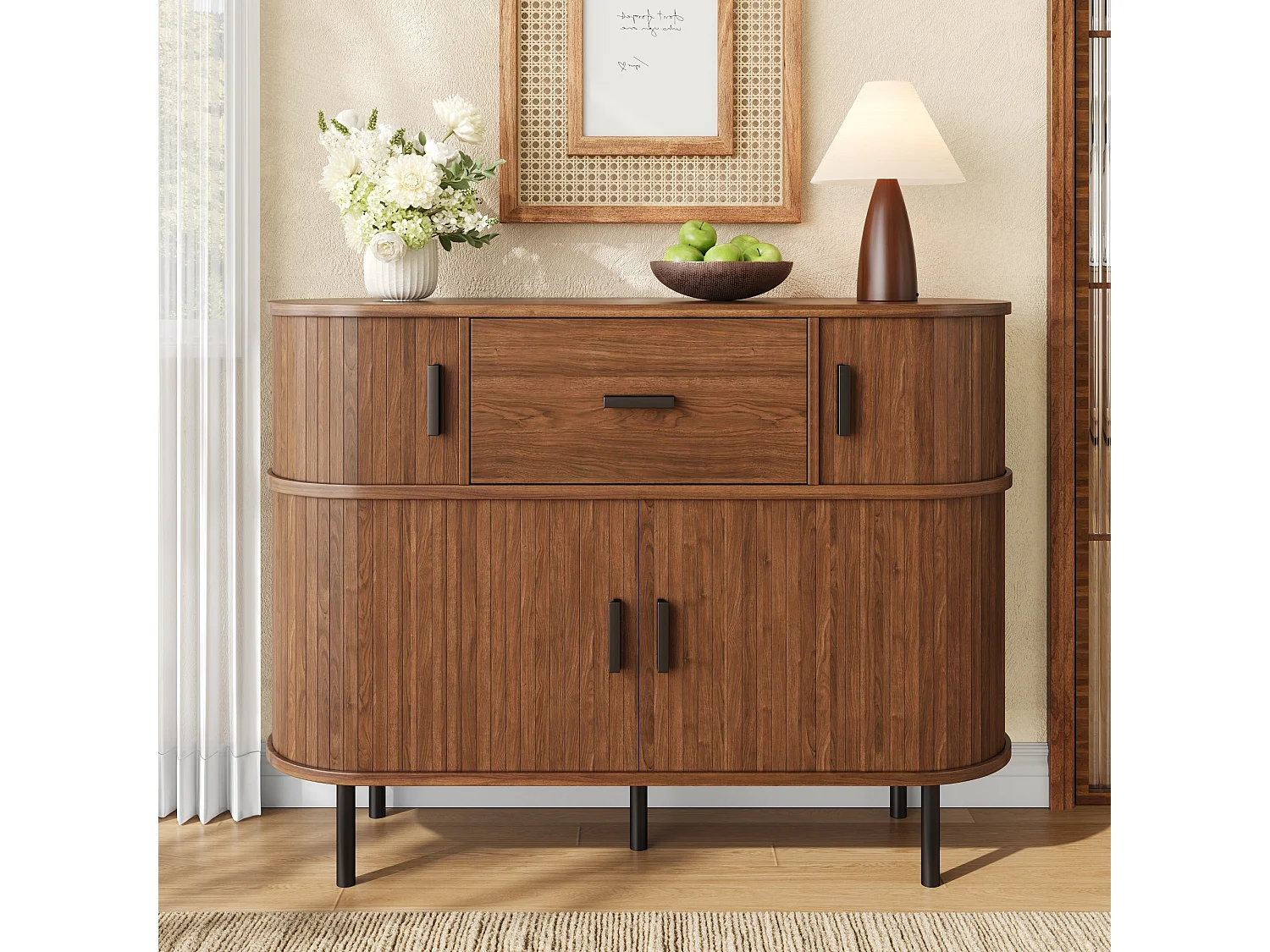 Moderner zweistufiger Buffetschrank 110x35x81,5 cm - Kommode mit 4 Schiebetüren, 1 Schublade und offenen Regalen - Braun