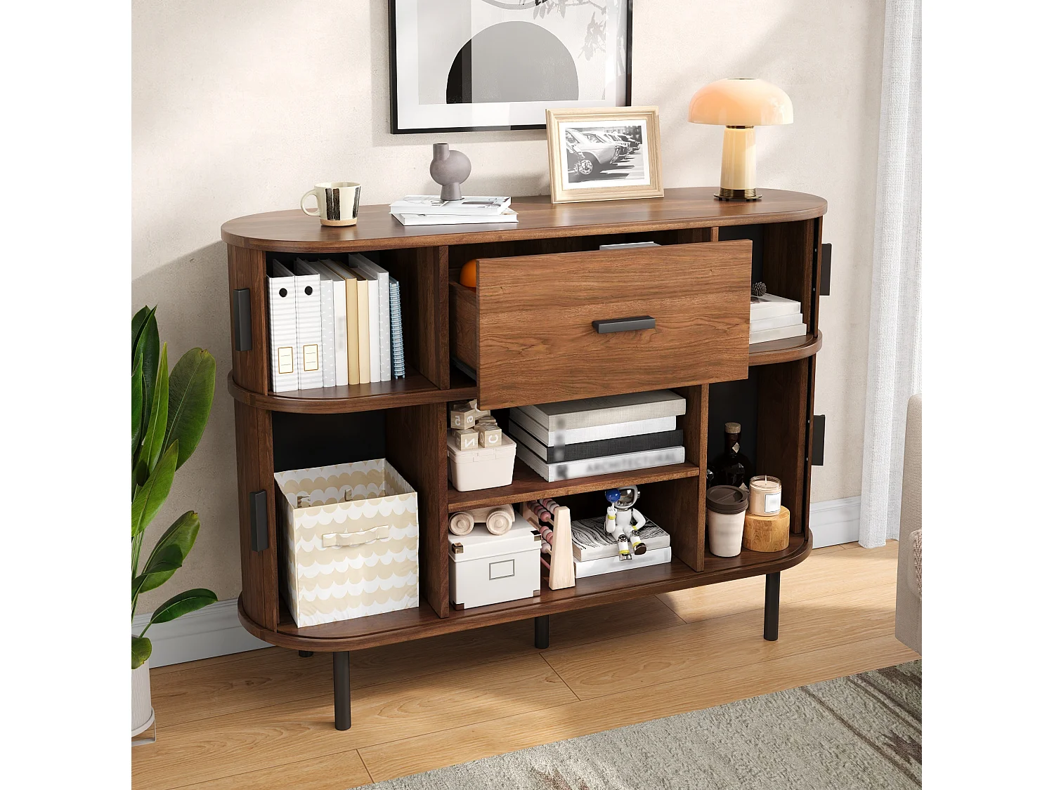 Moderner zweistufiger Buffetschrank 110x35x81,5 cm - Kommode mit 4 Schiebetüren, 1 Schublade und offenen Regalen - Braun