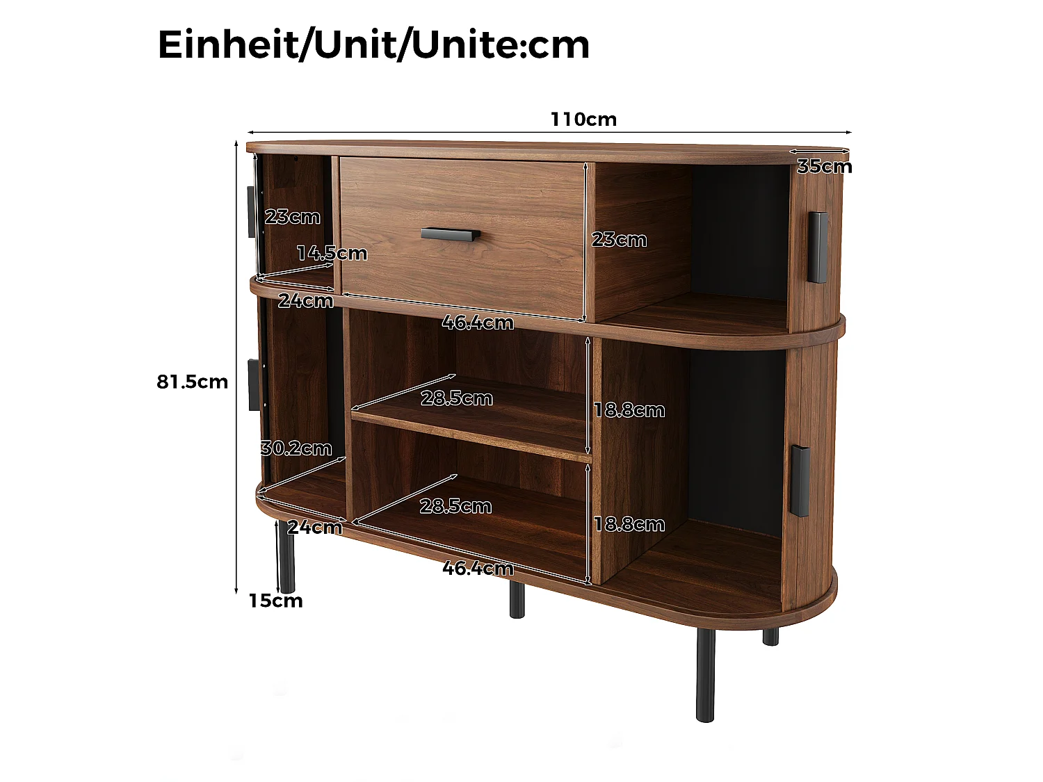 Moderner zweistufiger Buffetschrank 110x35x81,5 cm - Kommode mit 4 Schiebetüren, 1 Schublade und offenen Regalen - Braun