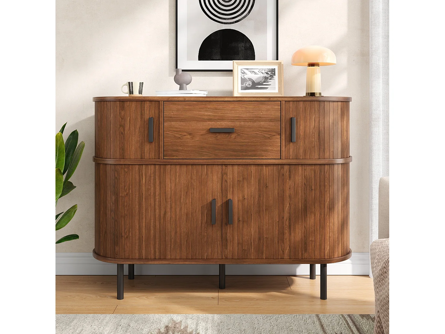 Moderner zweistufiger Buffetschrank 110x35x81,5 cm - Kommode mit 4 Schiebetüren, 1 Schublade und offenen Regalen - Braun