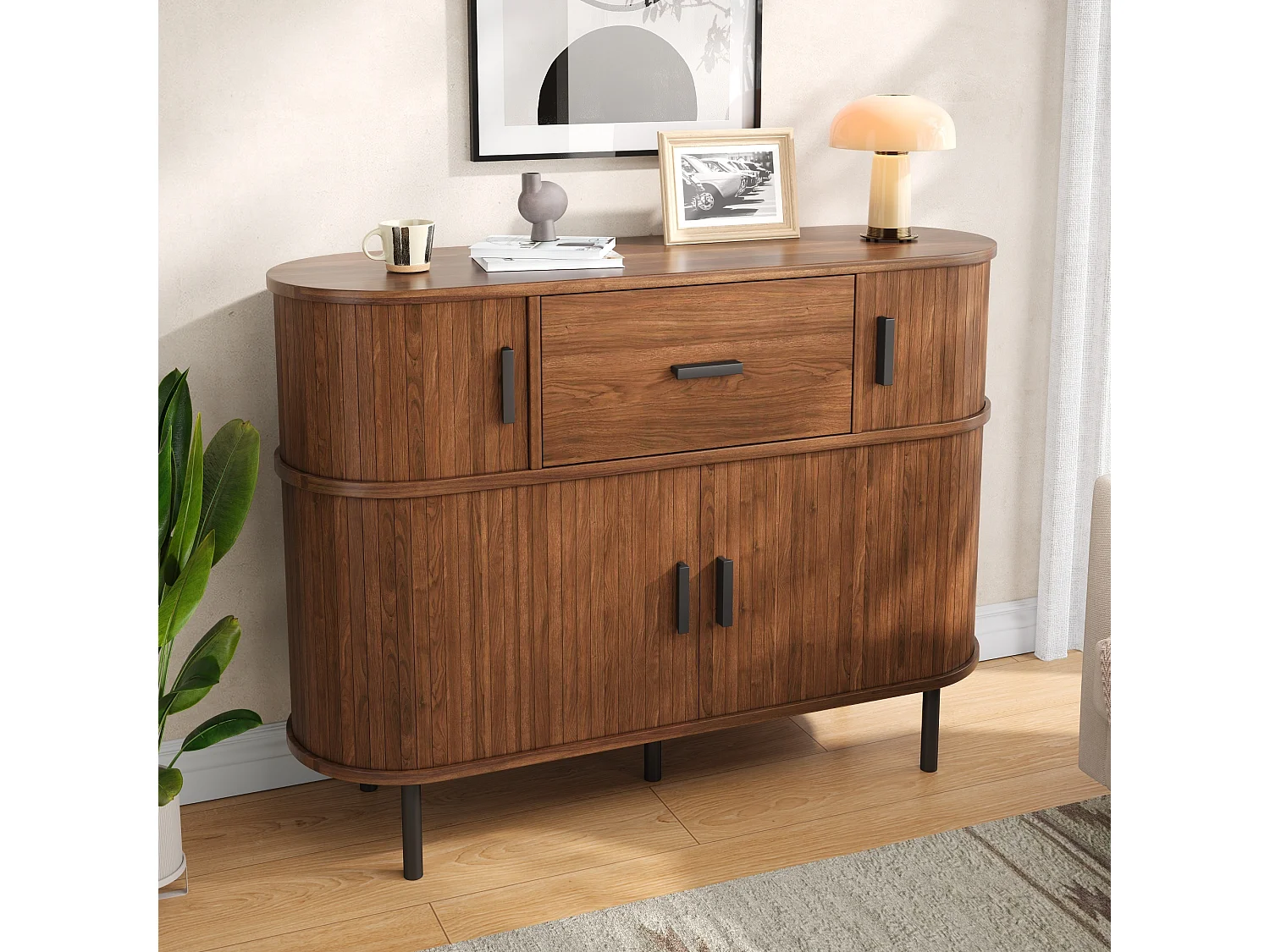 Moderner zweistufiger Buffetschrank 110x35x81,5 cm - Kommode mit 4 Schiebetüren, 1 Schublade und offenen Regalen - Braun