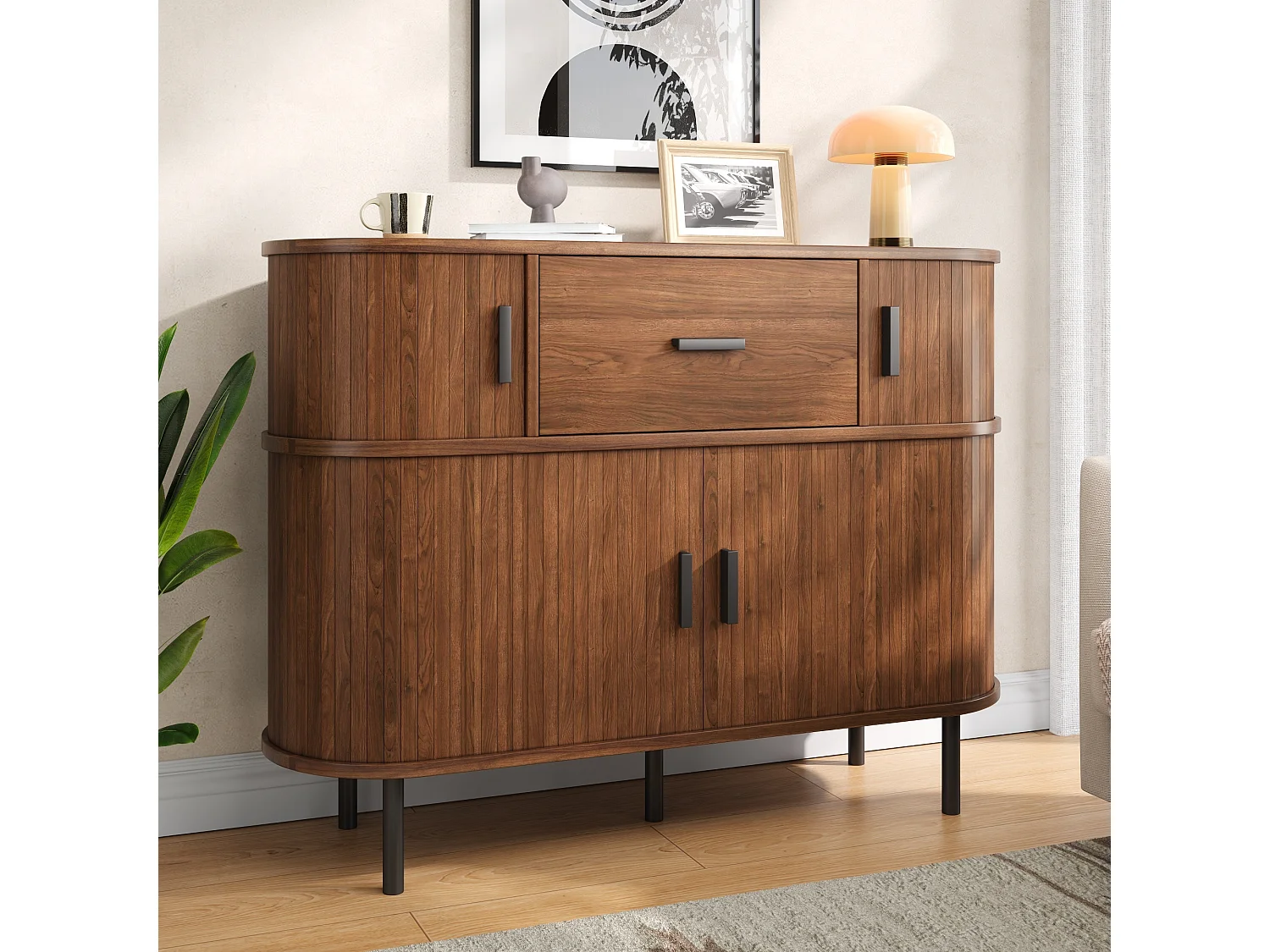 Moderner zweistufiger Buffetschrank 110x35x81,5 cm - Kommode mit 4 Schiebetüren, 1 Schublade und offenen Regalen - Braun