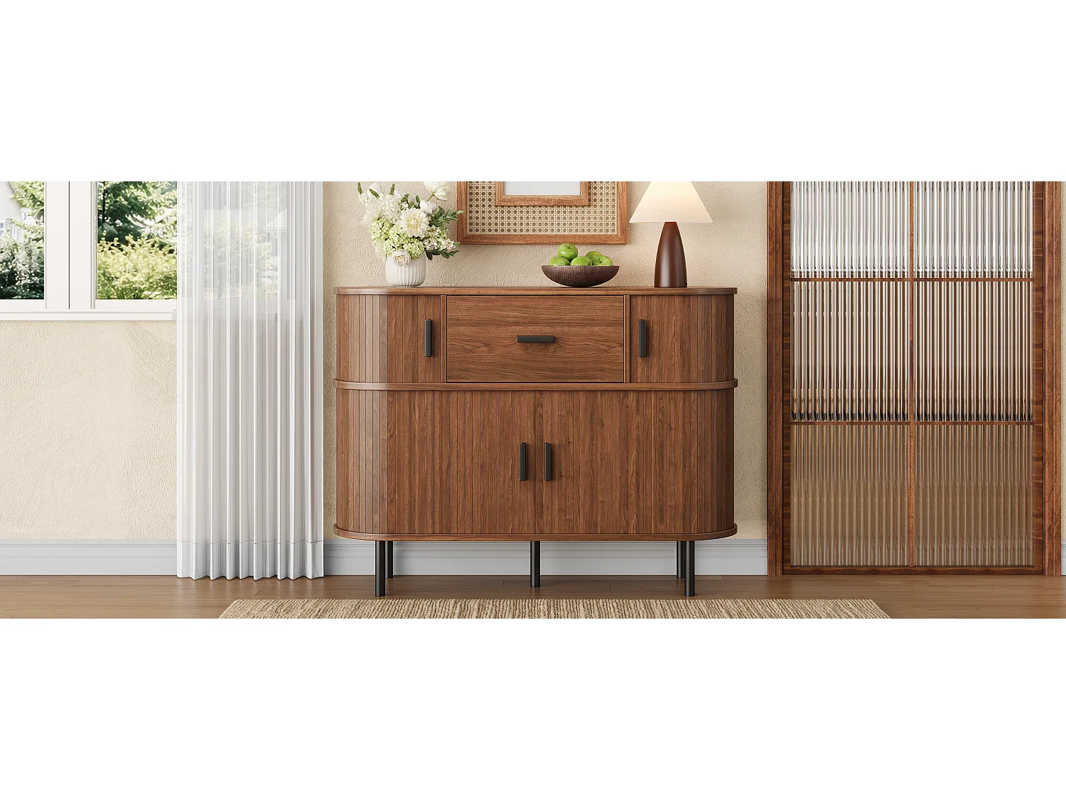 Moderner zweistufiger Buffetschrank 110x35x81,5 cm - Kommode mit 4 Schiebetüren, 1 Schublade und offenen Regalen - Braun