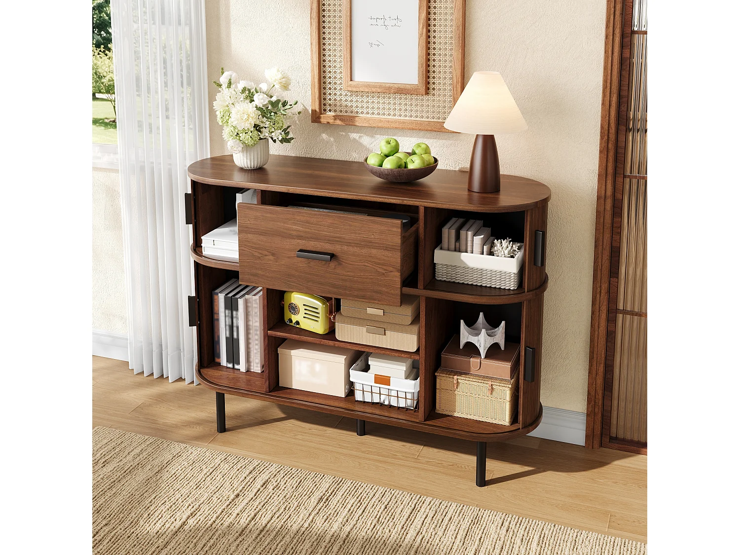 Moderner zweistufiger Buffetschrank 110x35x81,5 cm - Kommode mit 4 Schiebetüren, 1 Schublade und offenen Regalen - Braun