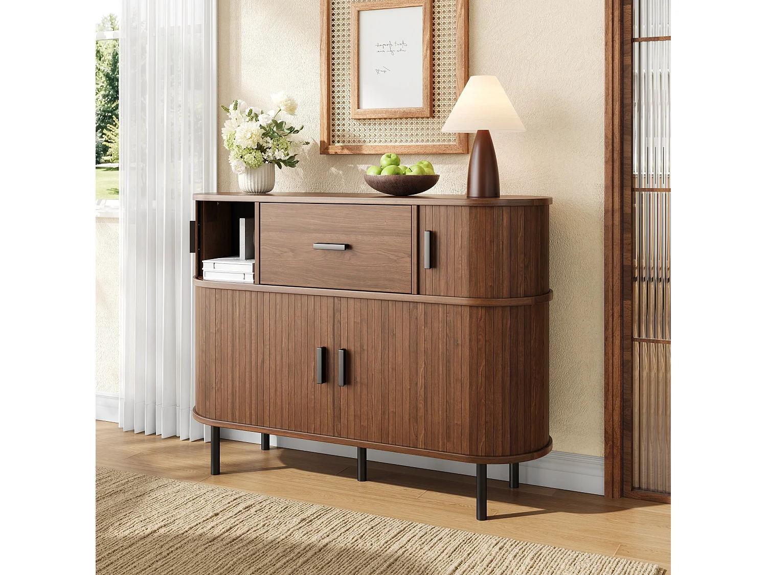 Moderner zweistufiger Buffetschrank 110x35x81,5 cm - Kommode mit 4 Schiebetüren, 1 Schublade und offenen Regalen - Braun