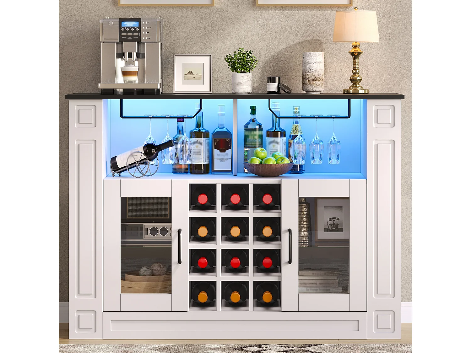 Buffet moderne 120x35x84cm - avec éclairage LED - avec 2 portes - avec casier à vin amovible - Blanc