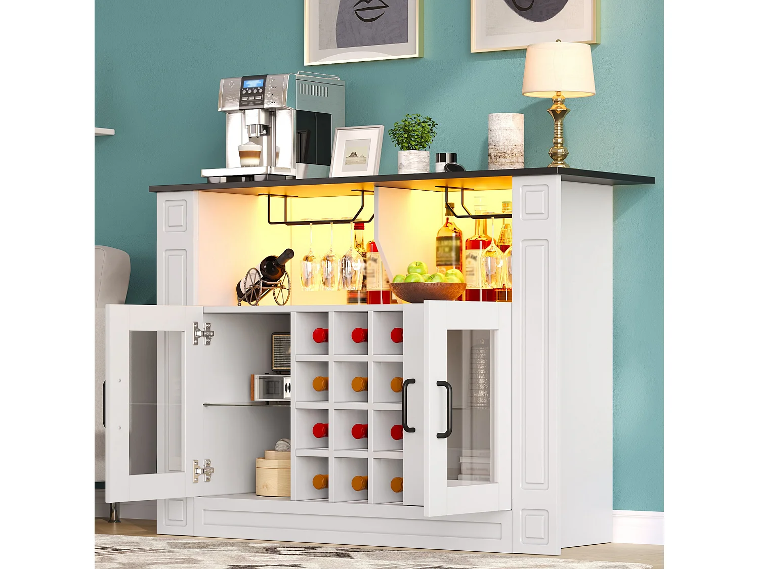 Buffet moderne 120x35x84cm - avec éclairage LED - avec 2 portes - avec casier à vin amovible - Blanc