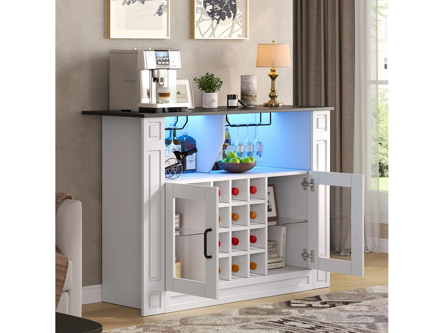 Buffet moderne 120x35x84cm - avec éclairage LED - avec 2 portes - avec casier à vin amovible - Blanc