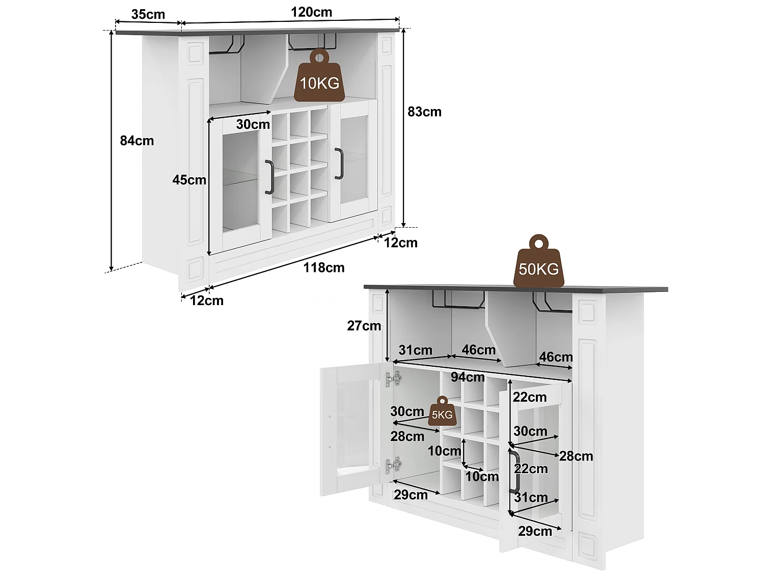 Buffet moderne 120x35x84cm - avec éclairage LED - avec 2 portes - avec casier à vin amovible - Blanc