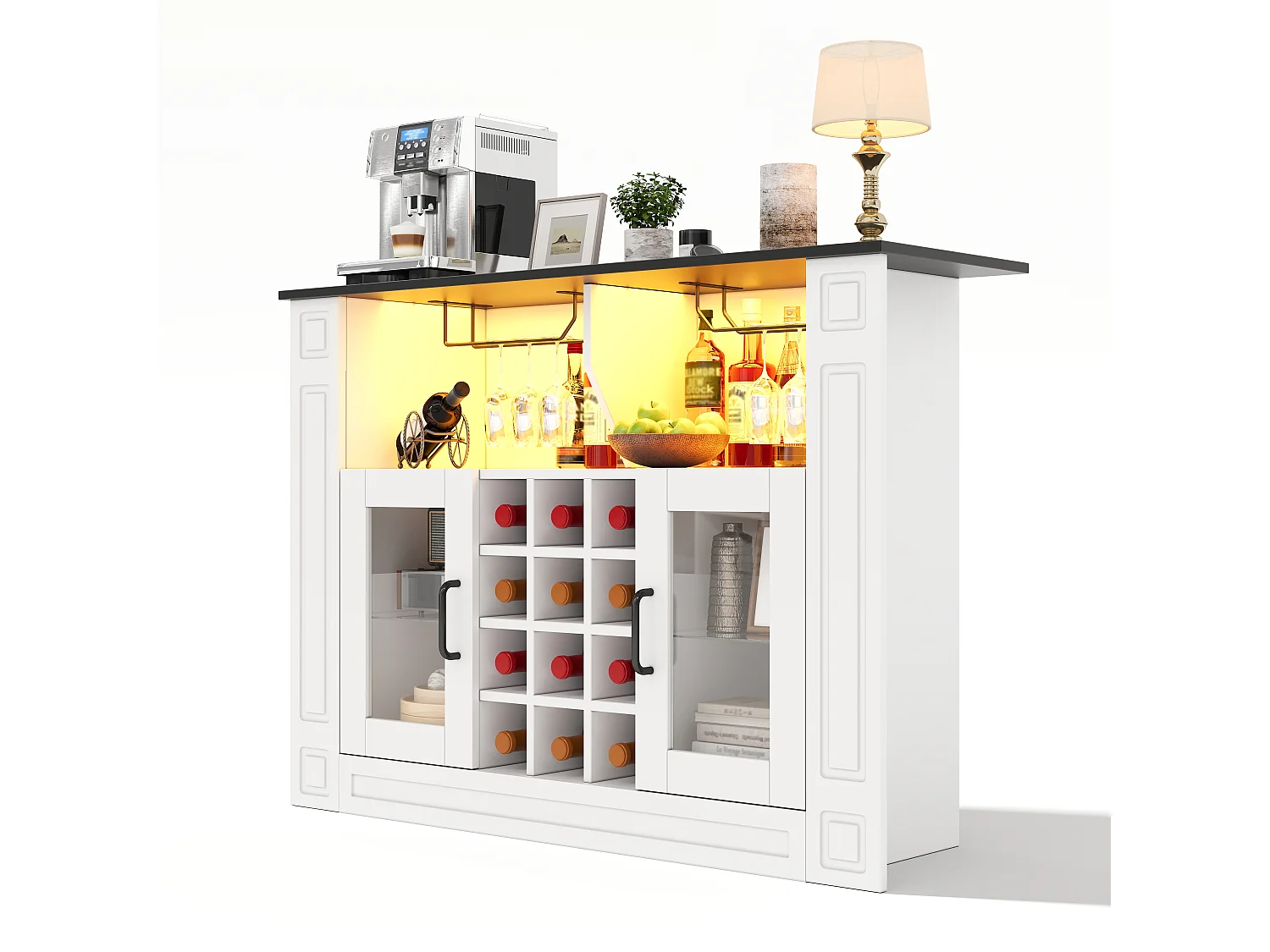 Buffet moderne 120x35x84cm - avec éclairage LED - avec 2 portes - avec casier à vin amovible - Blanc