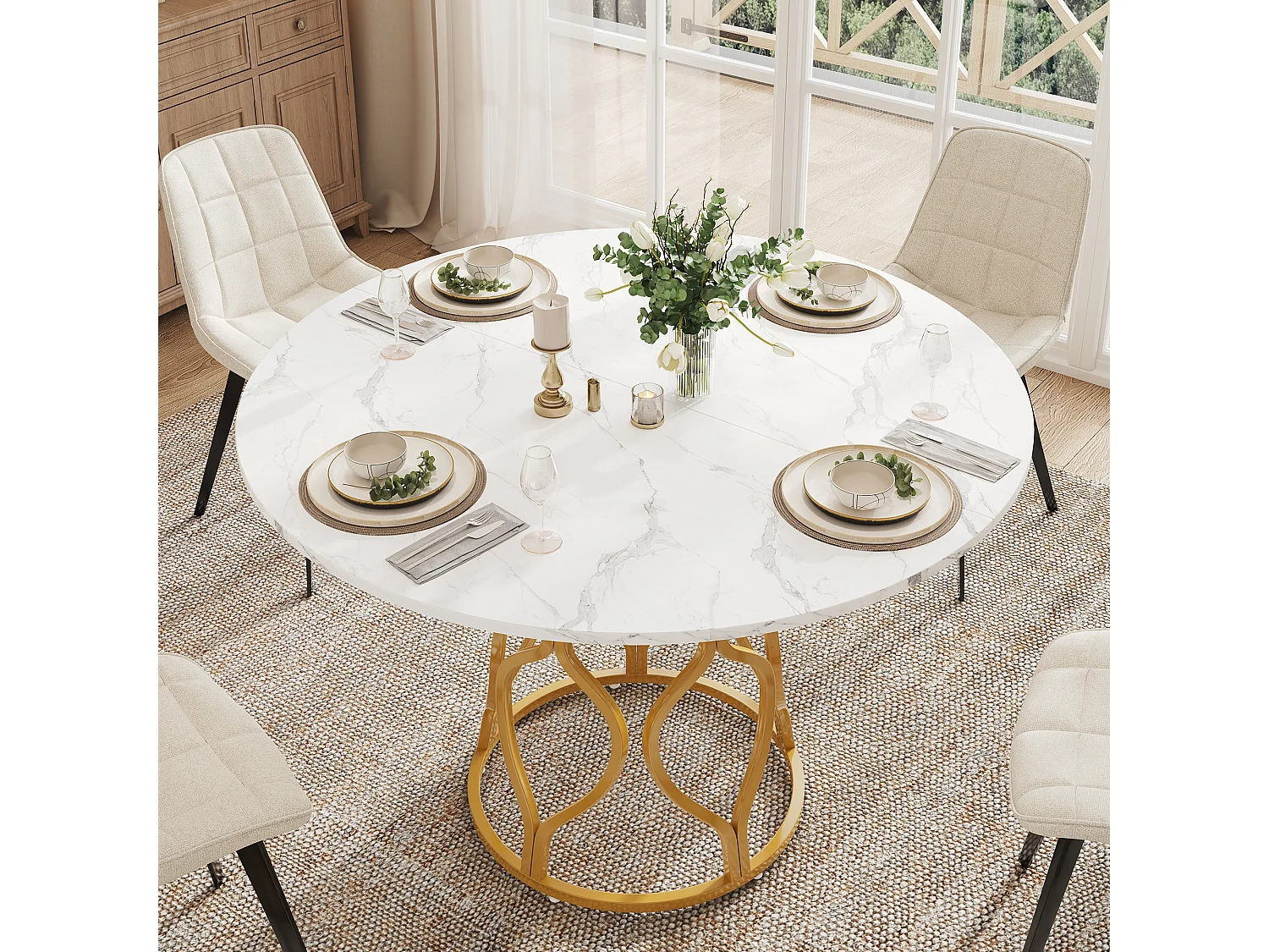 Runder Esstisch 100x100x75cm - Küchentisch für 4-6 Personen mit integriertem Aufbewahrungsregal, Marmor-Effekt-Platte & goldener Metallbeinstruktur - Weiß