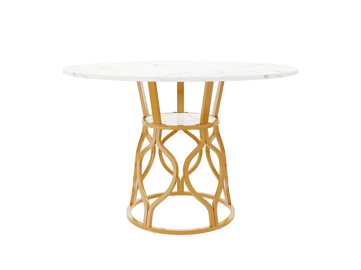 Runder Esstisch 100x100x75cm - Küchentisch für 4-6 Personen mit integriertem Aufbewahrungsregal, Marmor-Effekt-Platte & goldener Metallbeinstruktur - Weiß