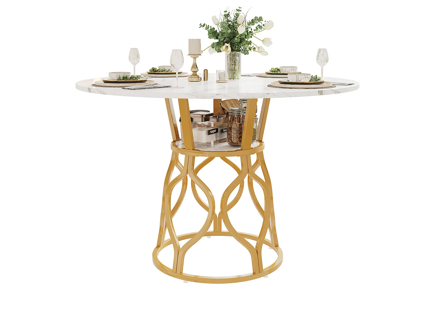 Runder Esstisch 100x100x75cm - Küchentisch für 4-6 Personen mit integriertem Aufbewahrungsregal, Marmor-Effekt-Platte & goldener Metallbeinstruktur - Weiß