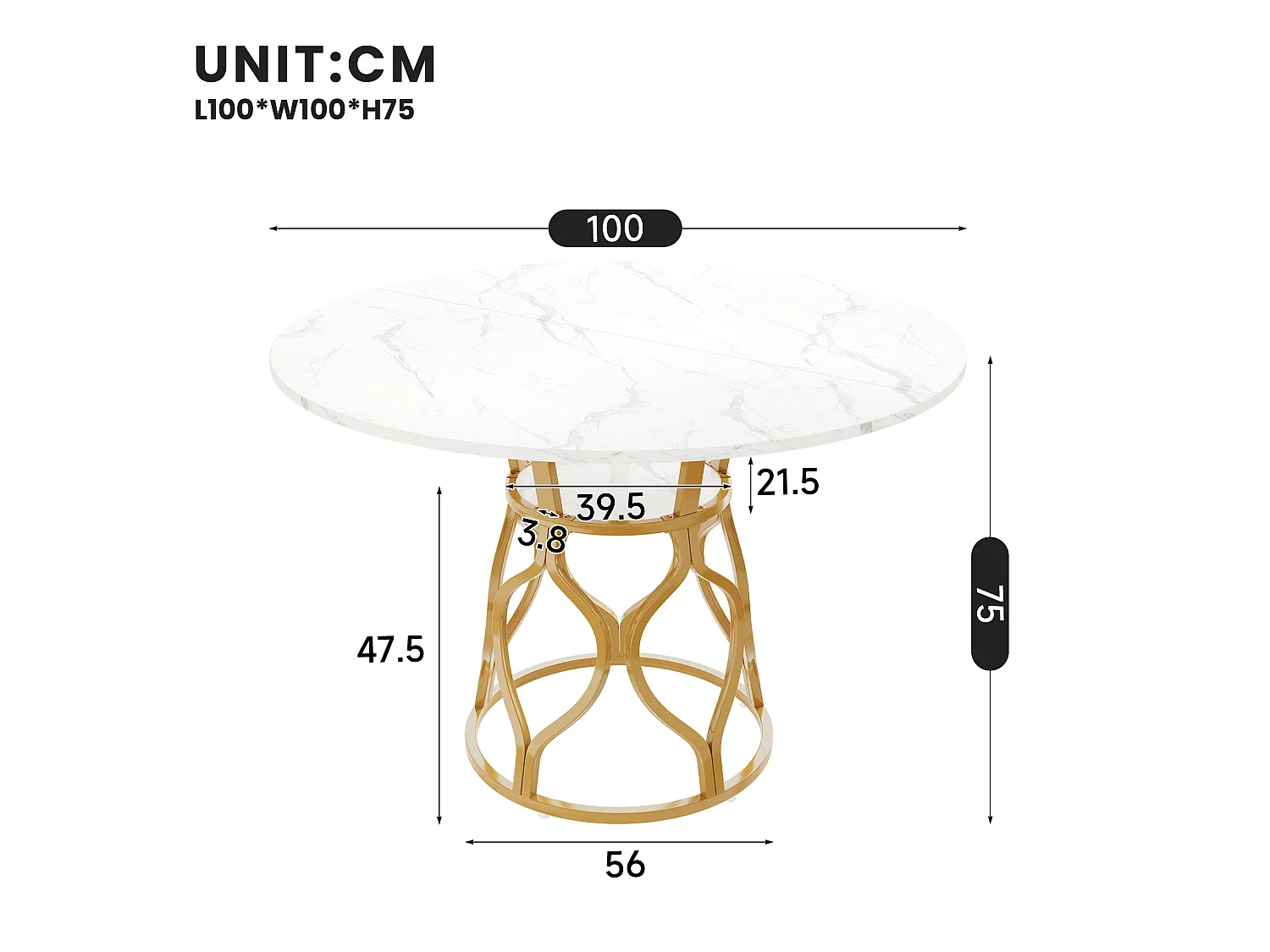 Runder Esstisch 100x100x75cm - Küchentisch für 4-6 Personen mit integriertem Aufbewahrungsregal, Marmor-Effekt-Platte & goldener Metallbeinstruktur - Weiß