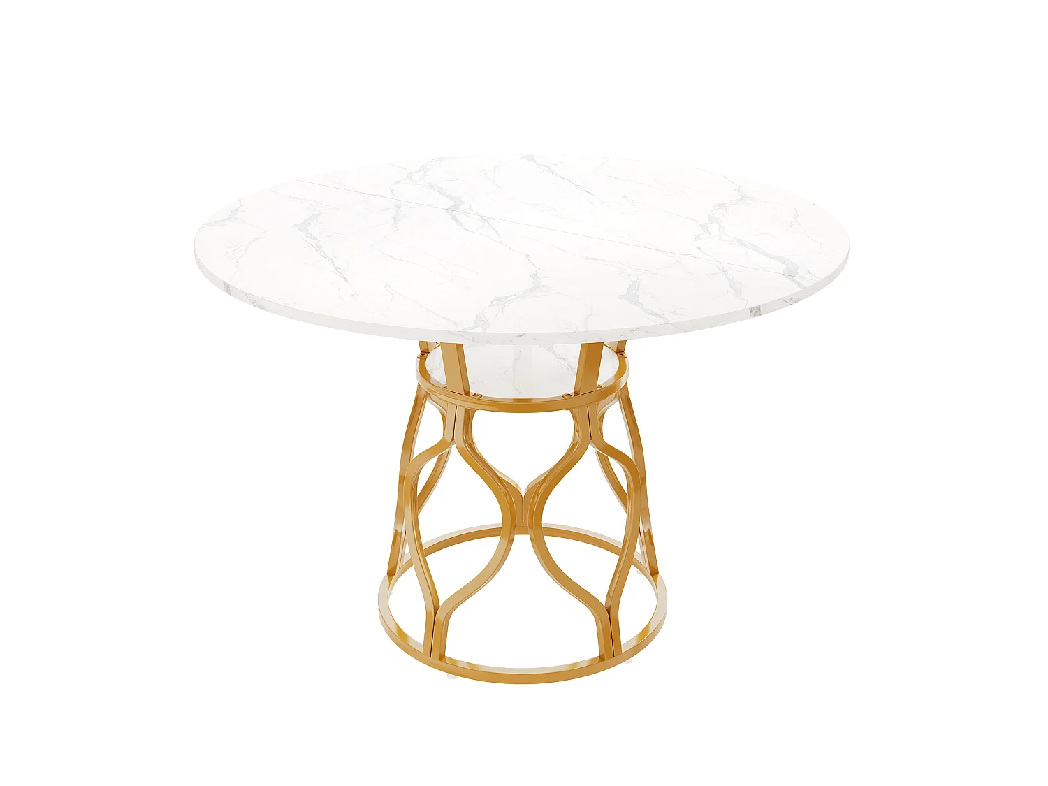 Runder Esstisch 100x100x75cm - Küchentisch für 4-6 Personen mit integriertem Aufbewahrungsregal, Marmor-Effekt-Platte & goldener Metallbeinstruktur - Weiß