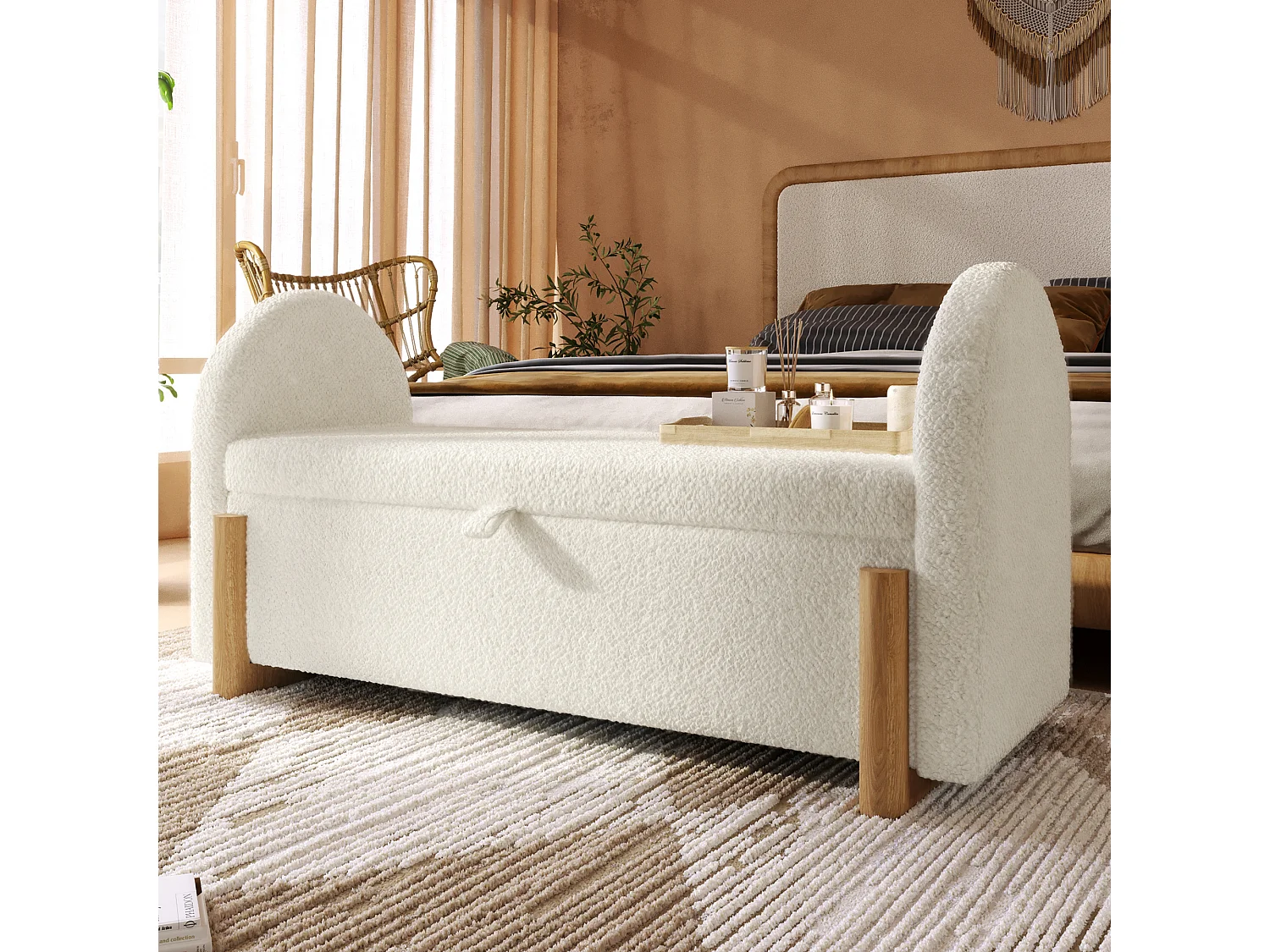 Banc coffre rembourré 106x47x61cm - pieds en bois en forme de U - chenille bouclé + bois massif + MDF - Blanc