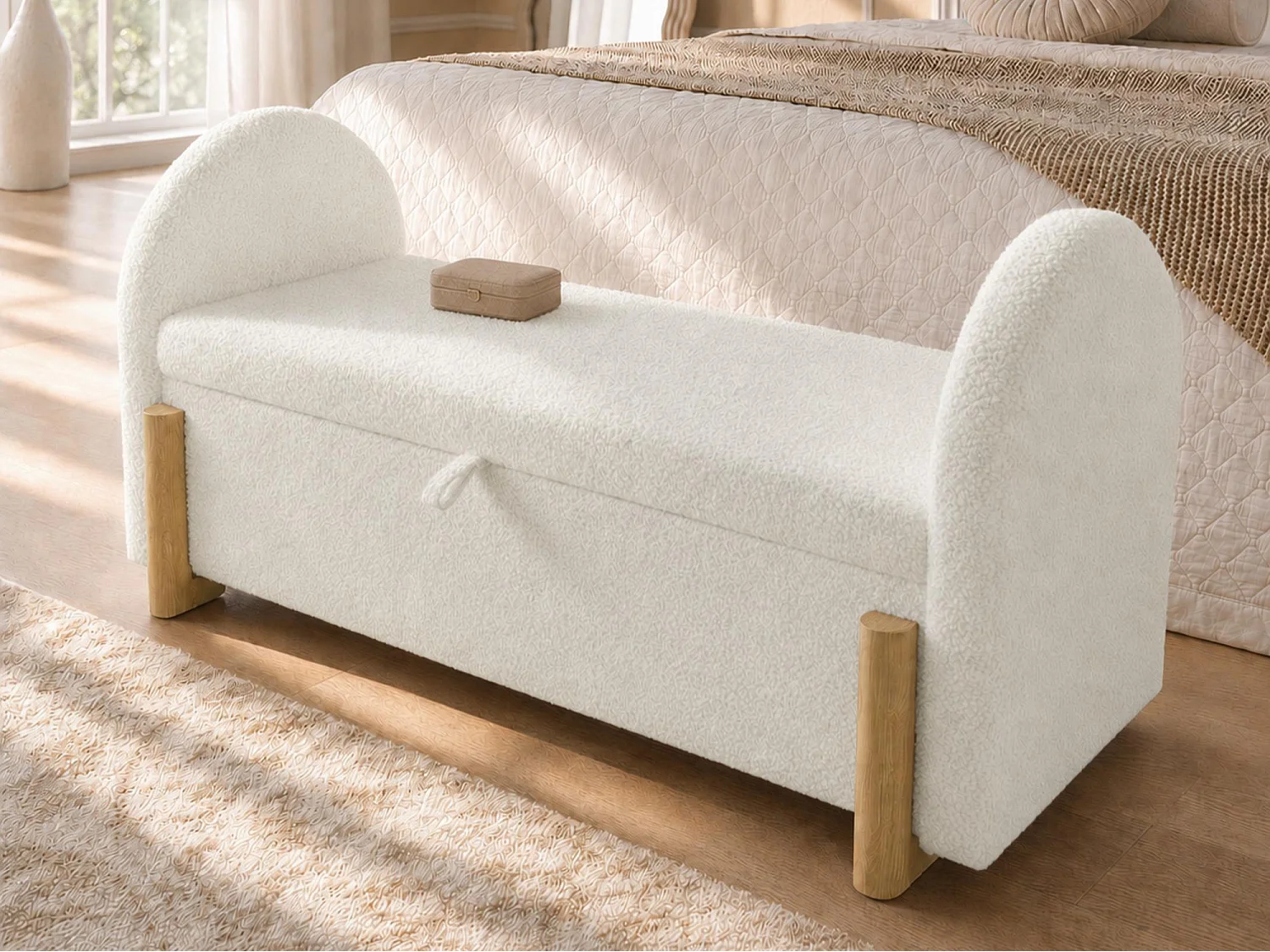 Banc coffre rembourré 106x47x61cm - pieds en bois en forme de U - chenille bouclé + bois massif + MDF - Blanc