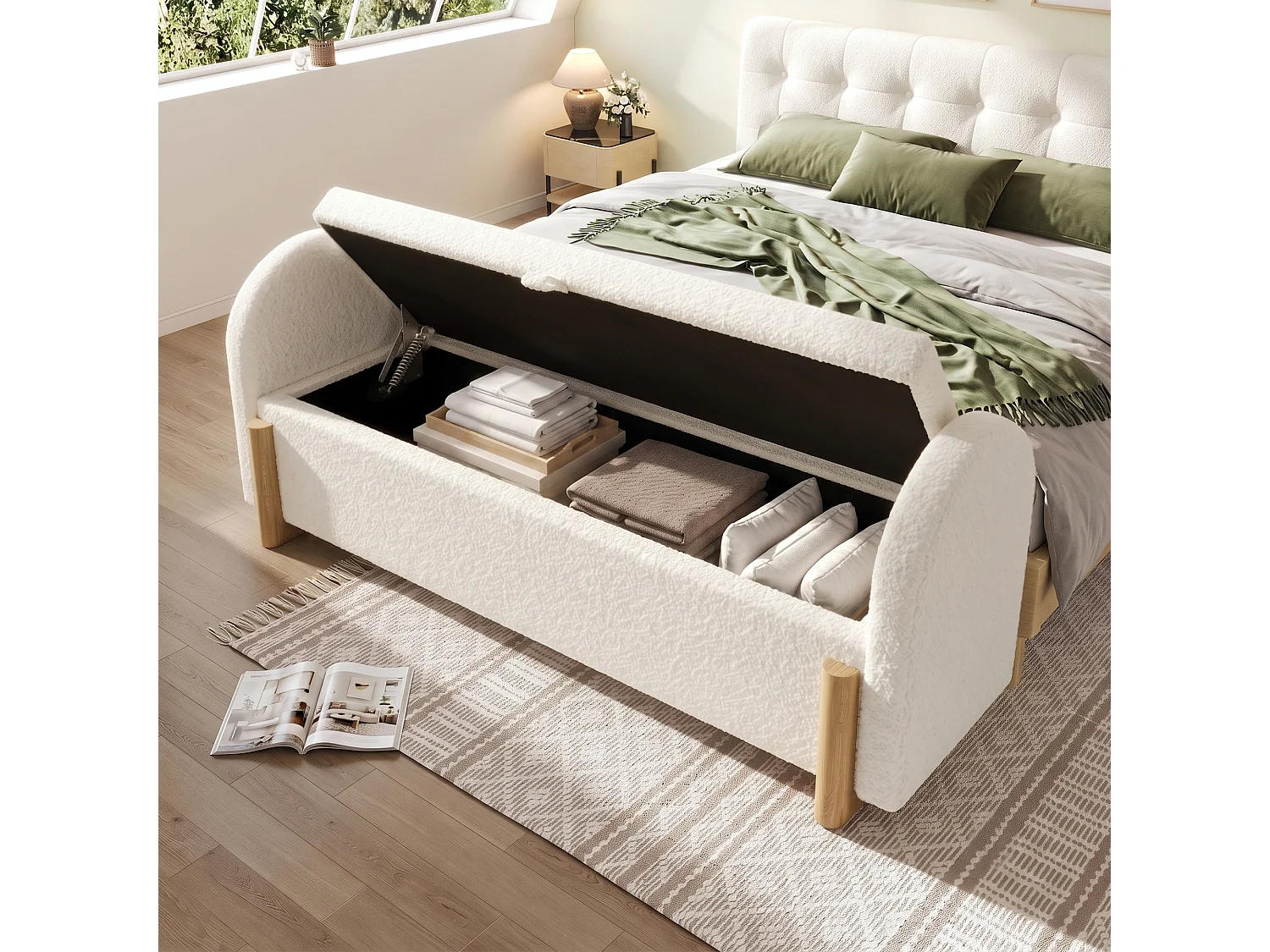 Banc coffre rembourré 106x47x61cm - pieds en bois en forme de U - chenille bouclé + bois massif + MDF - Blanc