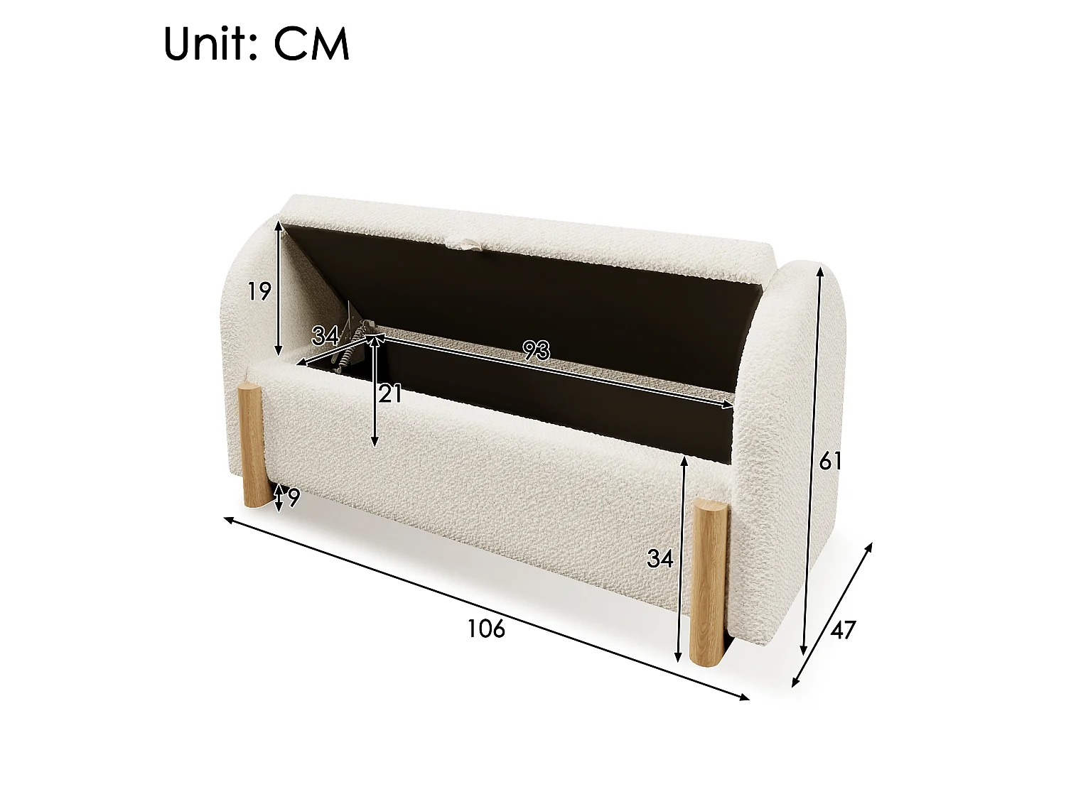Banc coffre rembourré 106x47x61cm - pieds en bois en forme de U - chenille bouclé + bois massif + MDF - Blanc