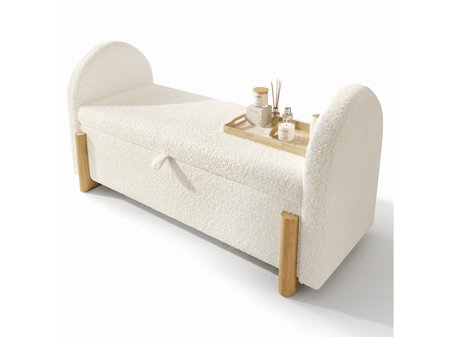 Banc coffre rembourré 106x47x61cm - pieds en bois en forme de U - chenille bouclé + bois massif + MDF - Blanc