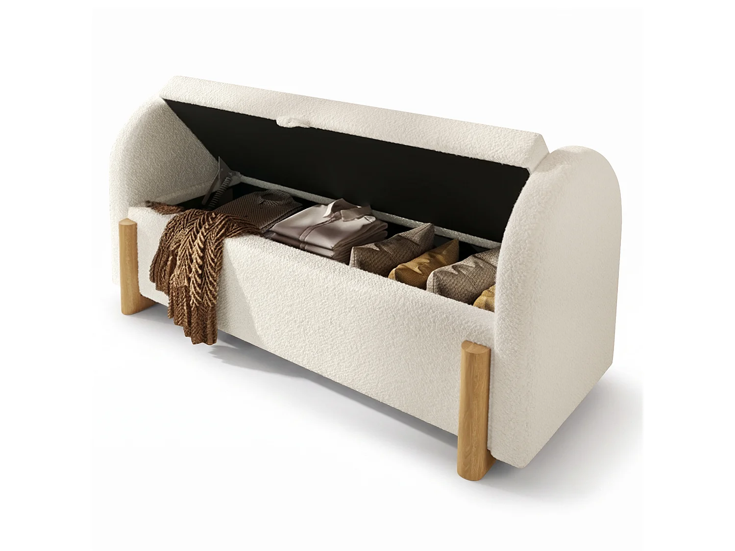 Banc coffre rembourré 106x47x61cm - pieds en bois en forme de U - chenille bouclé + bois massif + MDF - Blanc