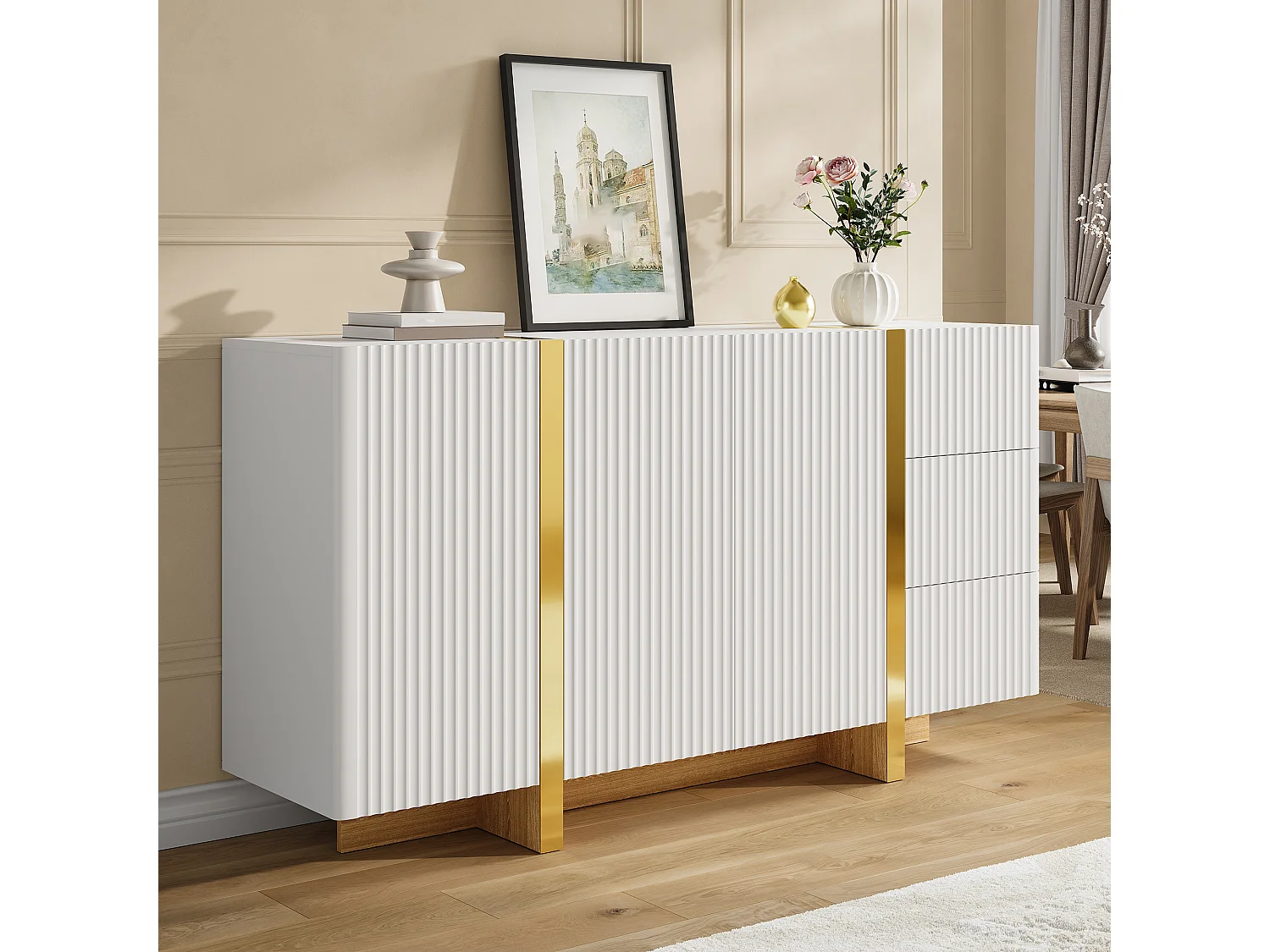 Buffet moderne 140x36x75 cm - 3 portes battantes et 3 tiroirs - Finitions dorées - MDF - Blanc