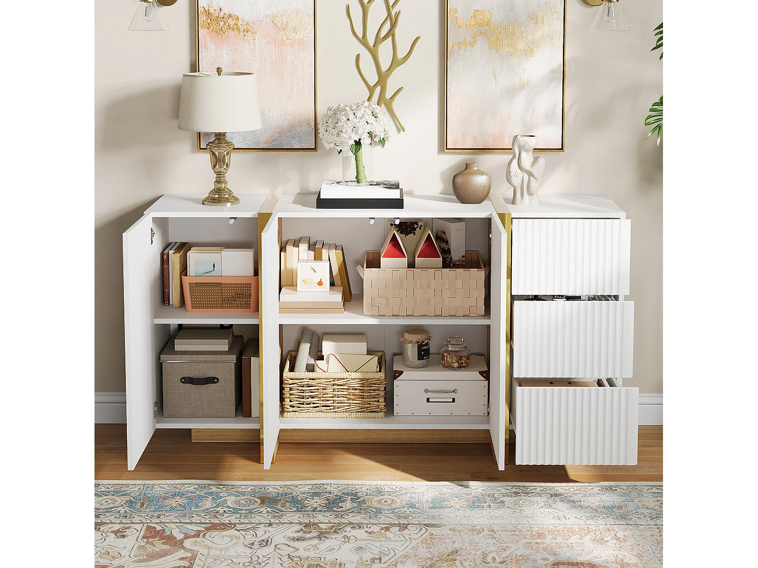 Buffet moderne 140x36x75 cm - 3 portes battantes et 3 tiroirs - Finitions dorées - MDF - Blanc