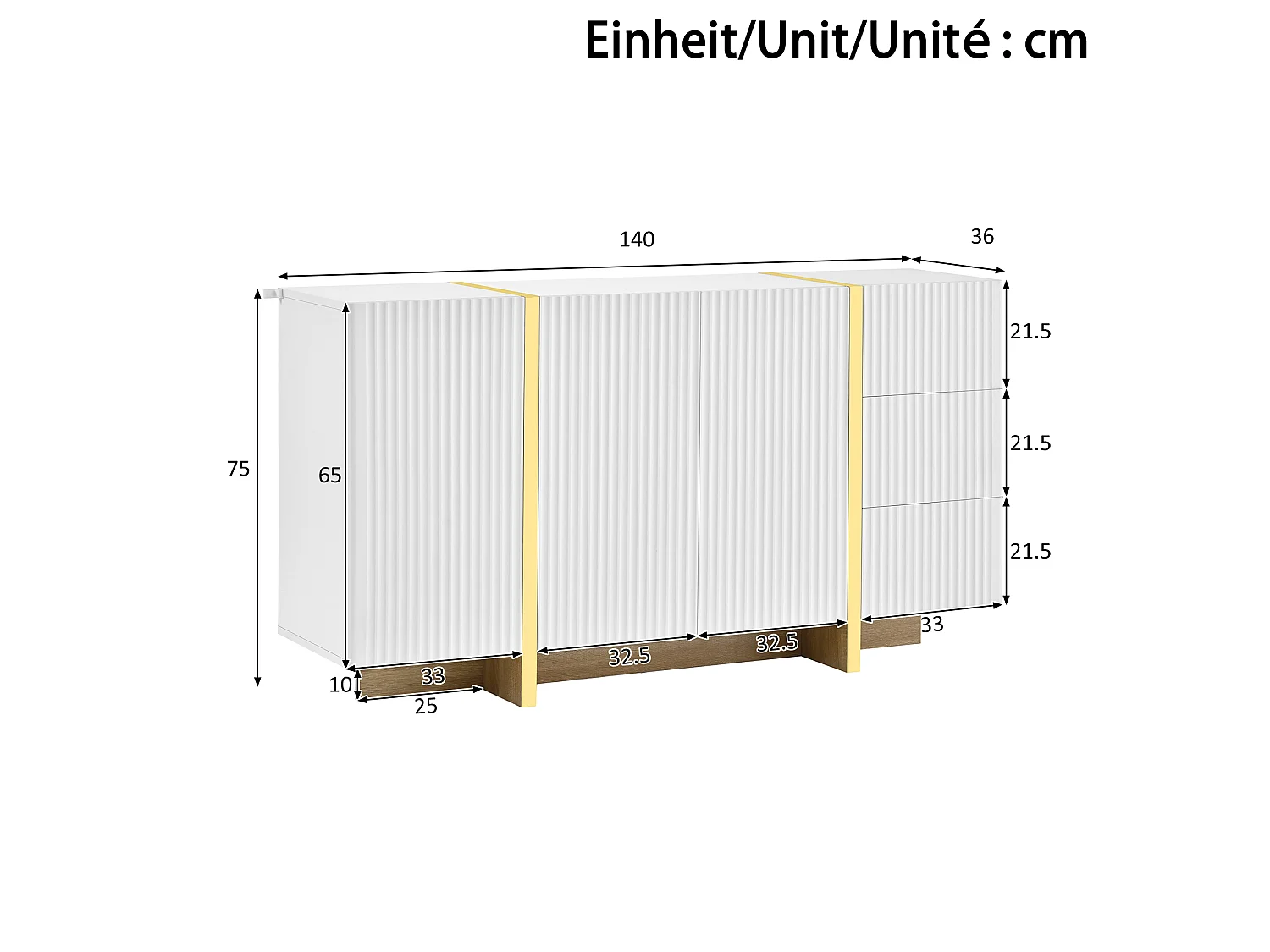 Buffet moderne 140x36x75 cm - 3 portes battantes et 3 tiroirs - Finitions dorées - MDF - Blanc