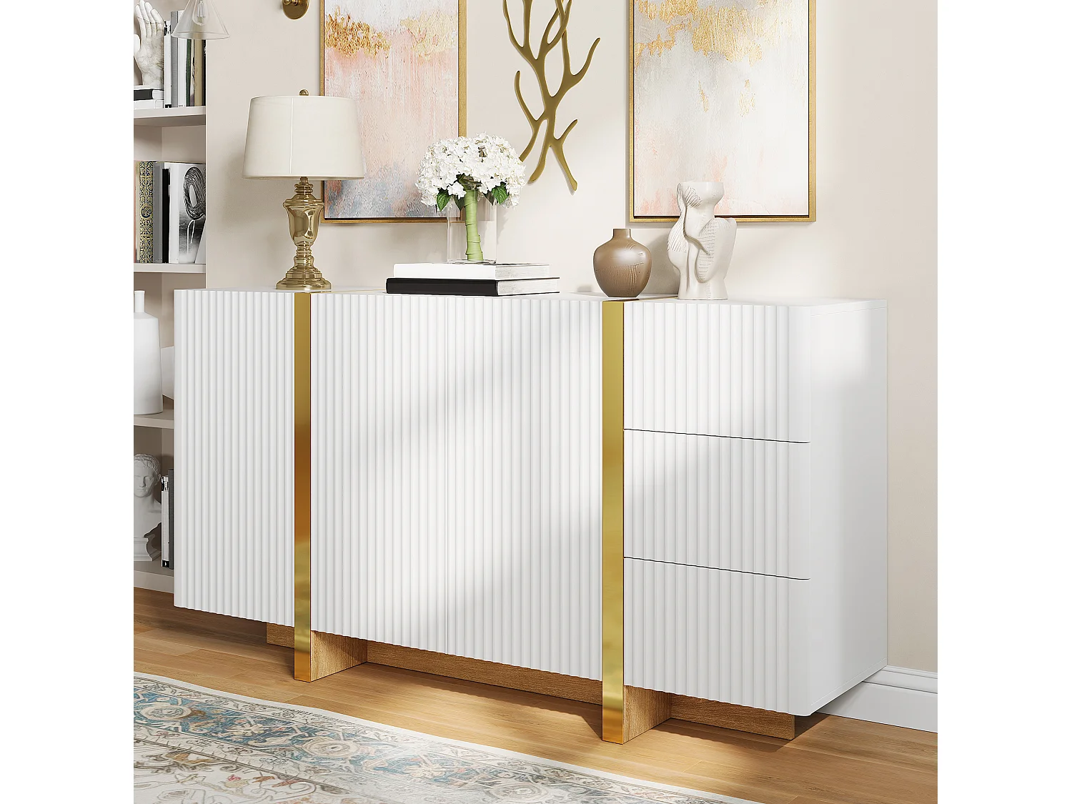 Buffet moderne 140x36x75 cm - 3 portes battantes et 3 tiroirs - Finitions dorées - MDF - Blanc