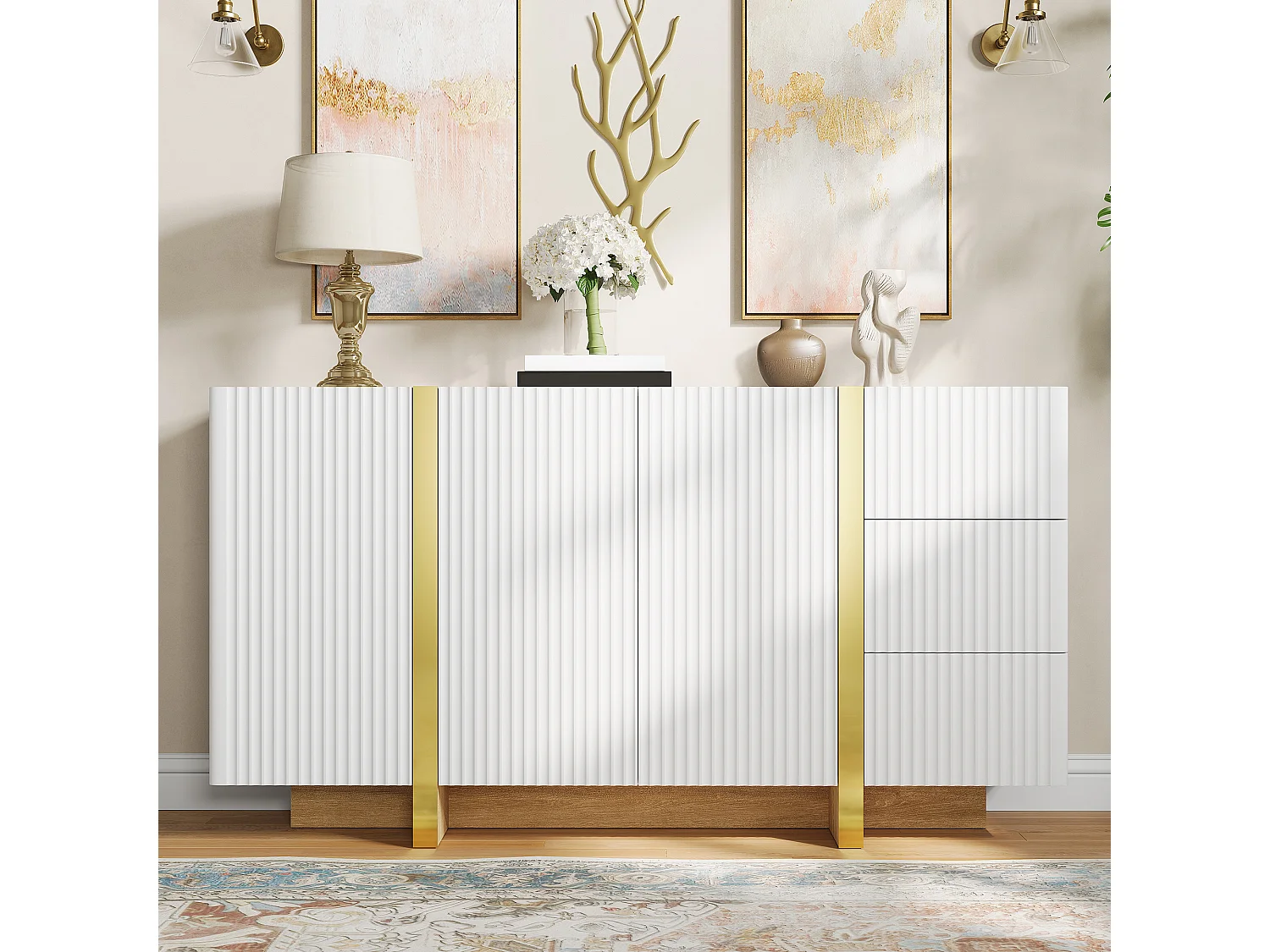 Buffet moderne 140x36x75 cm - 3 portes battantes et 3 tiroirs - Finitions dorées - MDF - Blanc