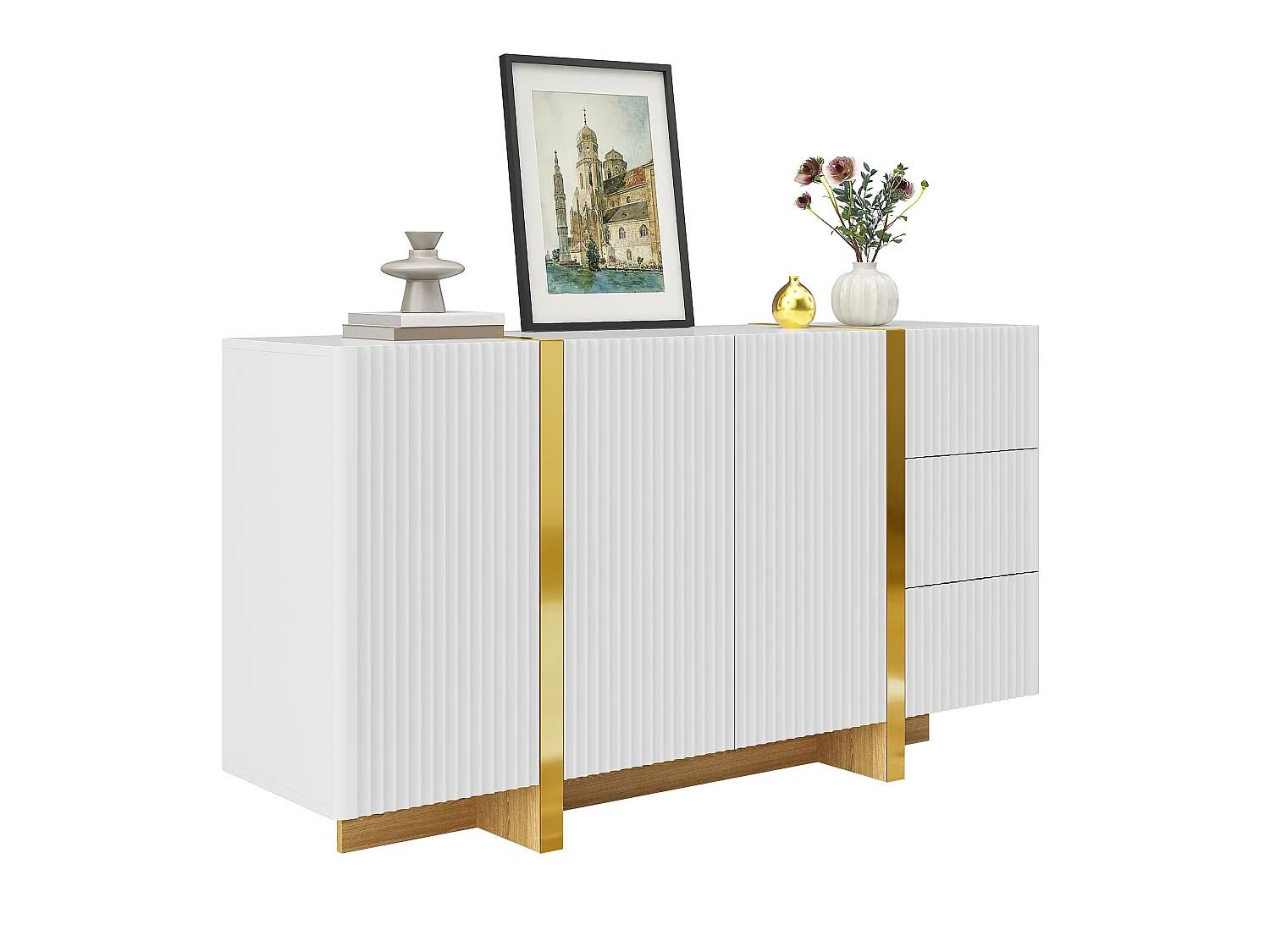 Buffet moderne 140x36x75 cm - 3 portes battantes et 3 tiroirs - Finitions dorées - MDF - Blanc